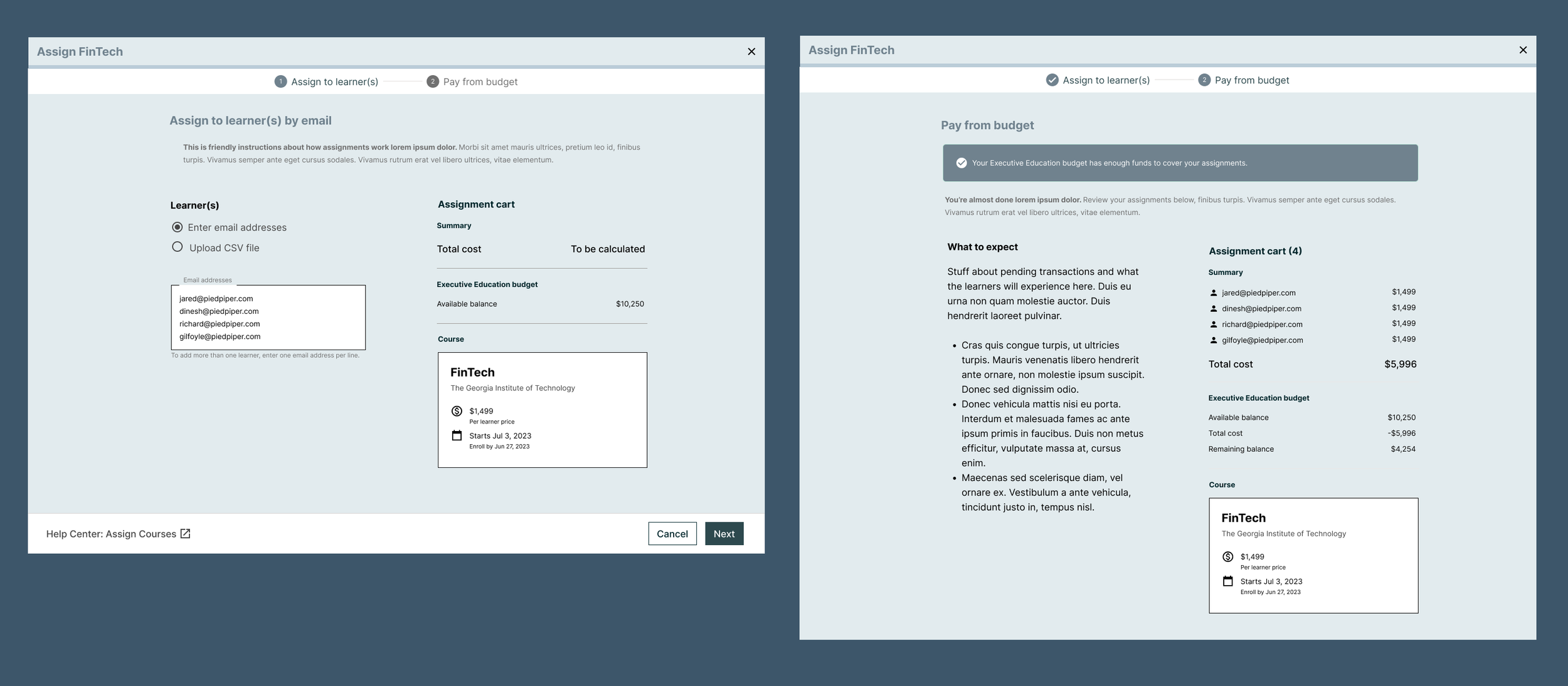 Assigning a single course to multiple learners in a stepper 