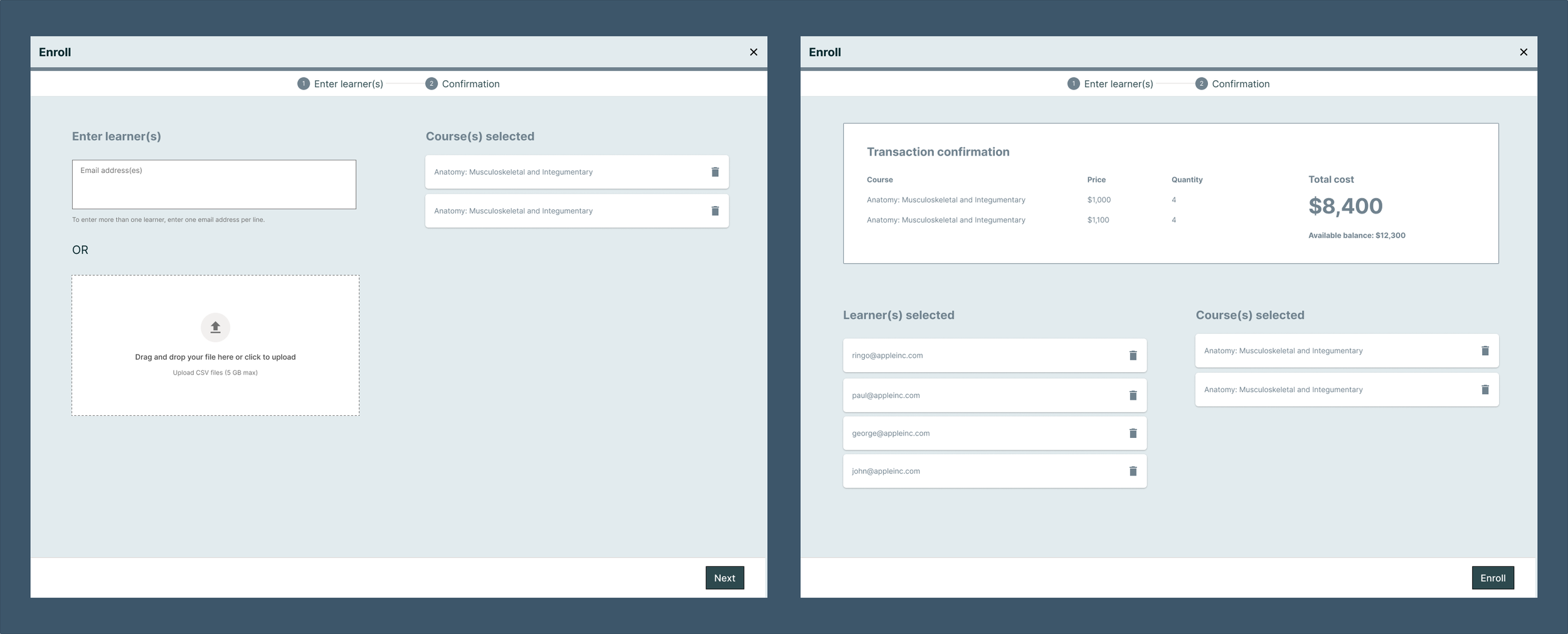 Still assuming multiple courses could be assigned to multiple learners, final vocabulary still unsettled
