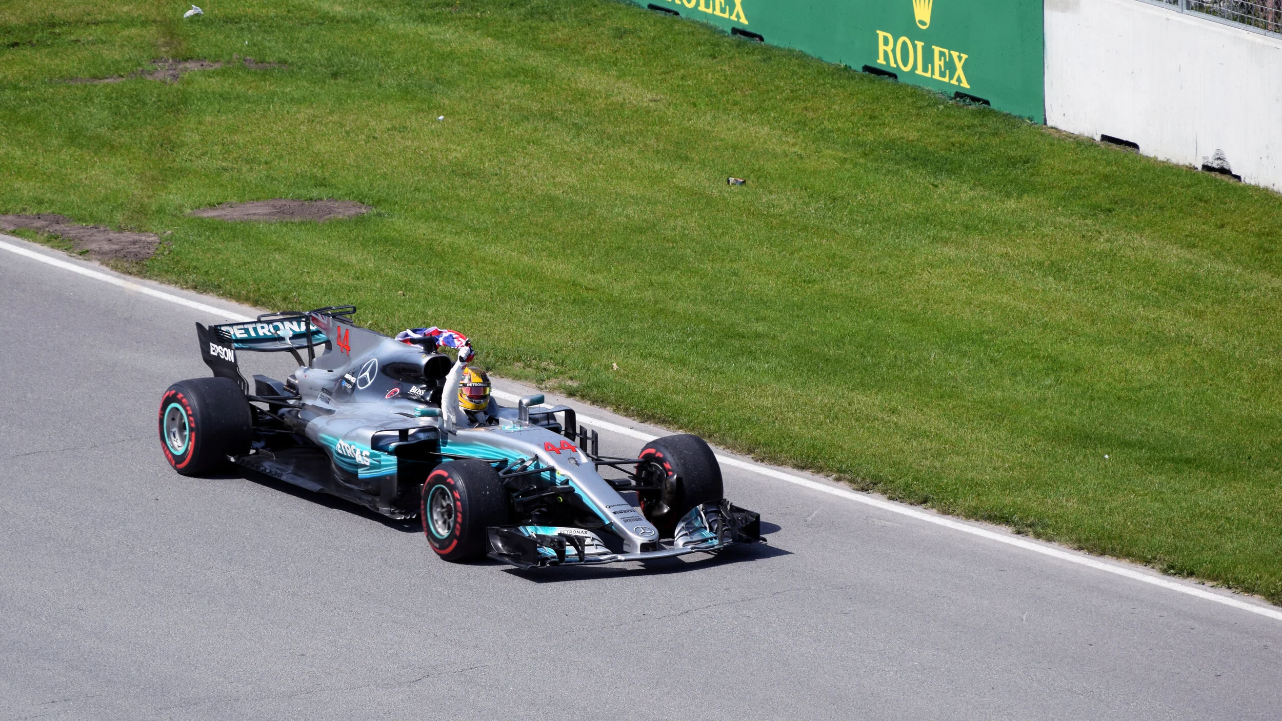 Lewis Hamilton flying the Union Jack after winning the 2017 Canadian Grand Prix in his Mercedes W08.