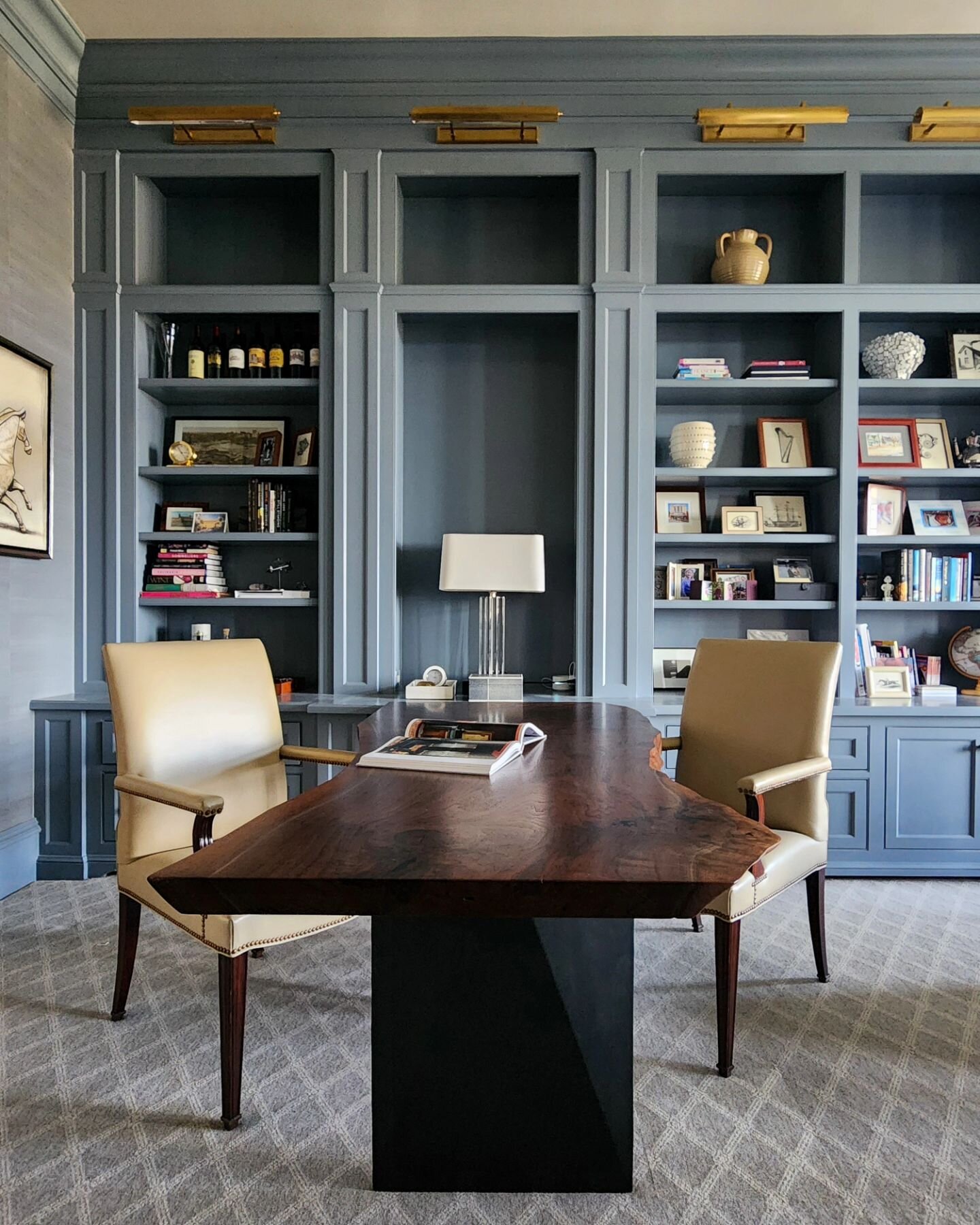 STUDY. Our Caves Valley project has great bones with the 14 foot ceilings and architectural mouldings.  This study (Swipe for the before) had lots of stained wood which was ok, but didn't fit the client's personality.  They wanted &quot;lighter, fres