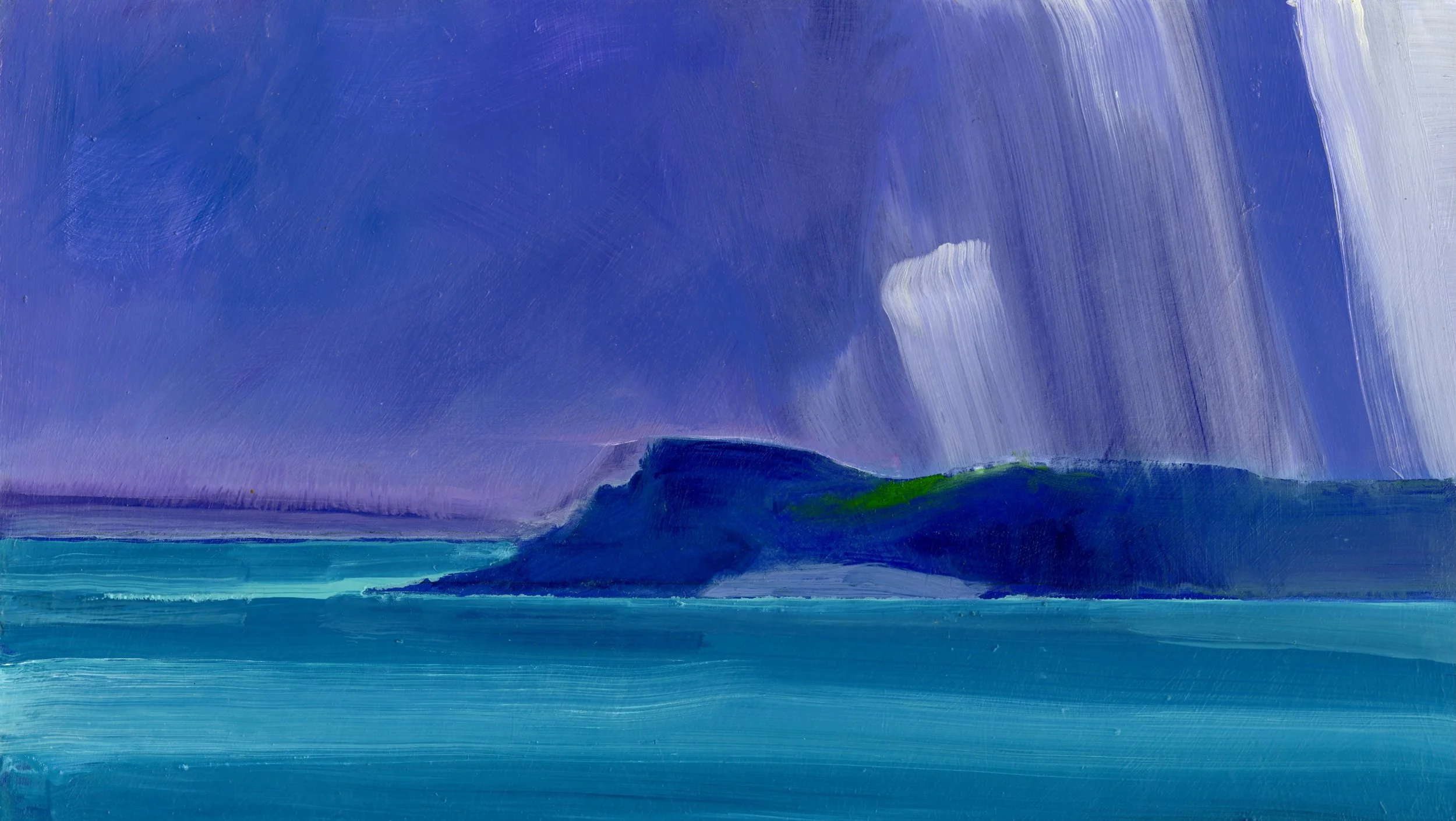 RAIN SWEEPING ACROSS THE ISLAND
(Oil on board, 19.5cm x 34cm)