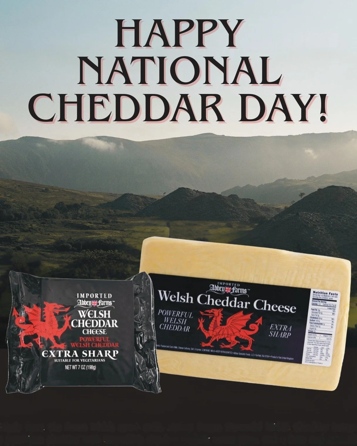 It&rsquo;s National Cheddar Day! Celebrate with Abbey Farms Welsh Cheddar cheese. Made from the finest Welsh cow&rsquo;s milk, this premium cheddar has incredible depth, a slightly sweet taste, and is perfect for melting, shredding, or on a cheeseboa