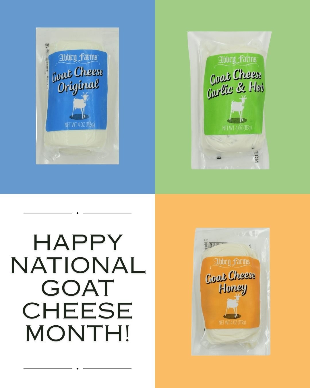 August is National Goat Cheese Month, and we have you covered! Our Abbey Farms Goat cheese logs come in multiple flavors: Honey, Garlic &amp; Herb, or Original. Excellent for snacking, cooking, and pairing with your favorite glass of wine. 

#abbeysp