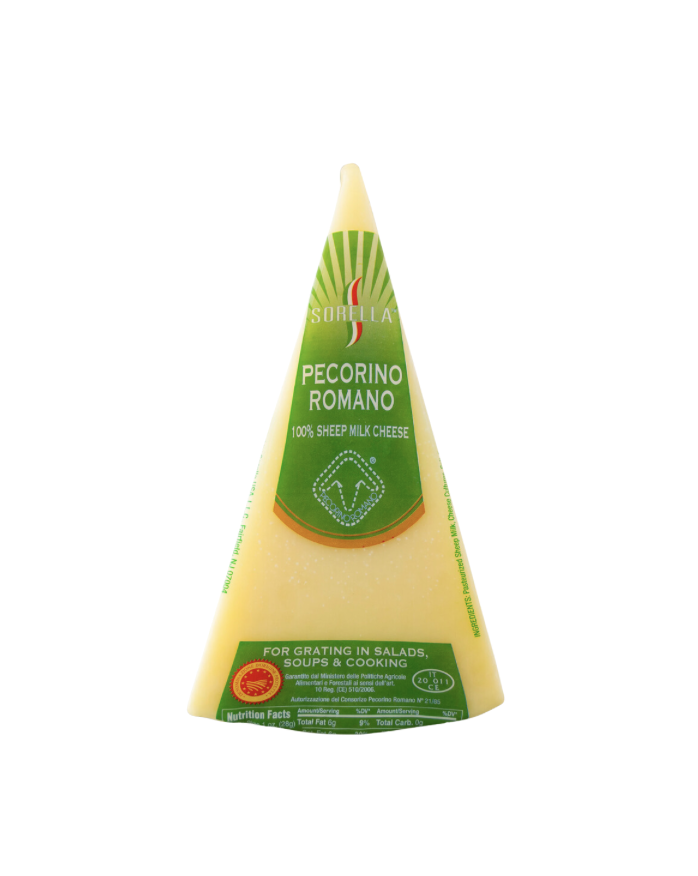 A wedge of Sorella Pecorino Romano cheese in green and white packaging.