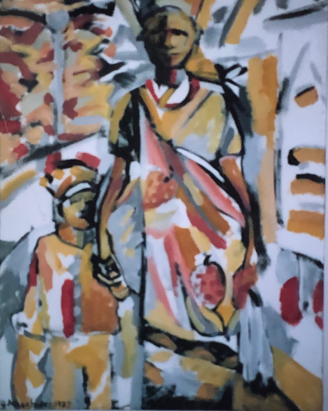 I did this painting in 1987 while creating many colourful, abstract silkscreen prints for hotel and office decorating sold through Johannesburg and London Art consultants. The large painting of an Ndebele woman and her child an out 120x100cm canvas r