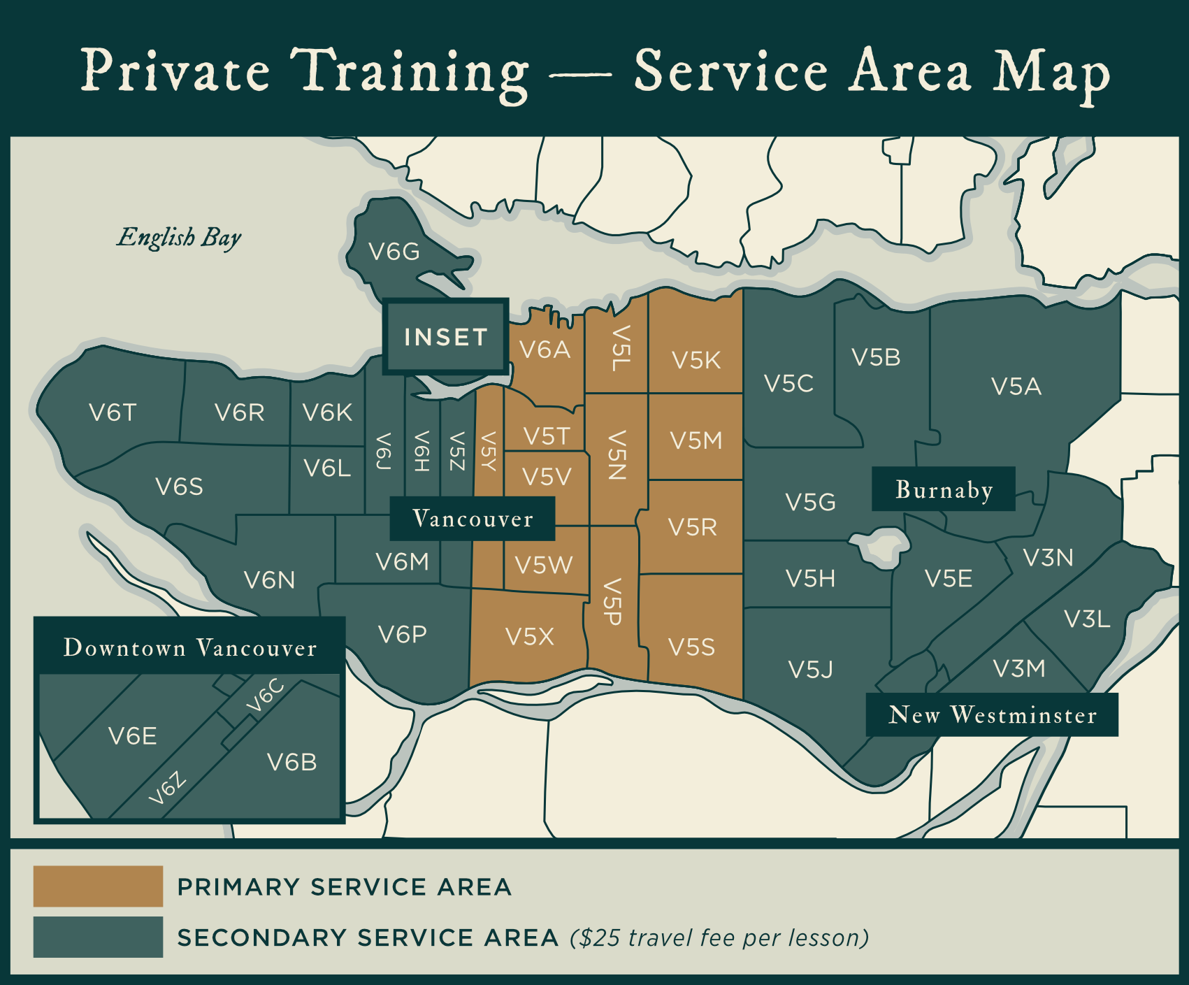 Map showing where trainers service for in-home private training sessions. The primary service area is highlighted in gold/tan and the secondary service area (incurs $25 travel fee per lesson) is highlighted in green.