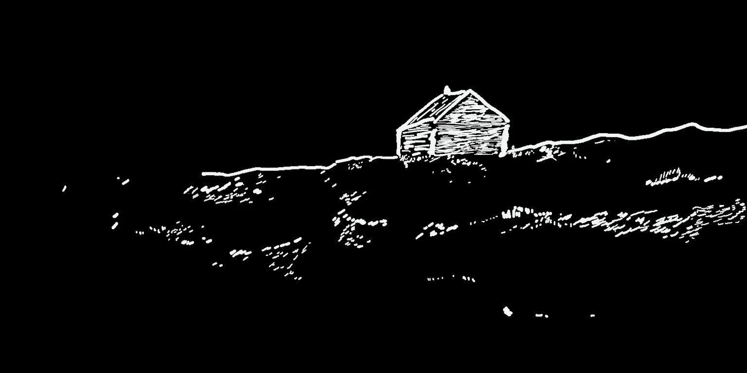 Minimalist white line drawing of a small cabin on a windswept hill at night, surrounded by rough terrain, set against a completely black background.