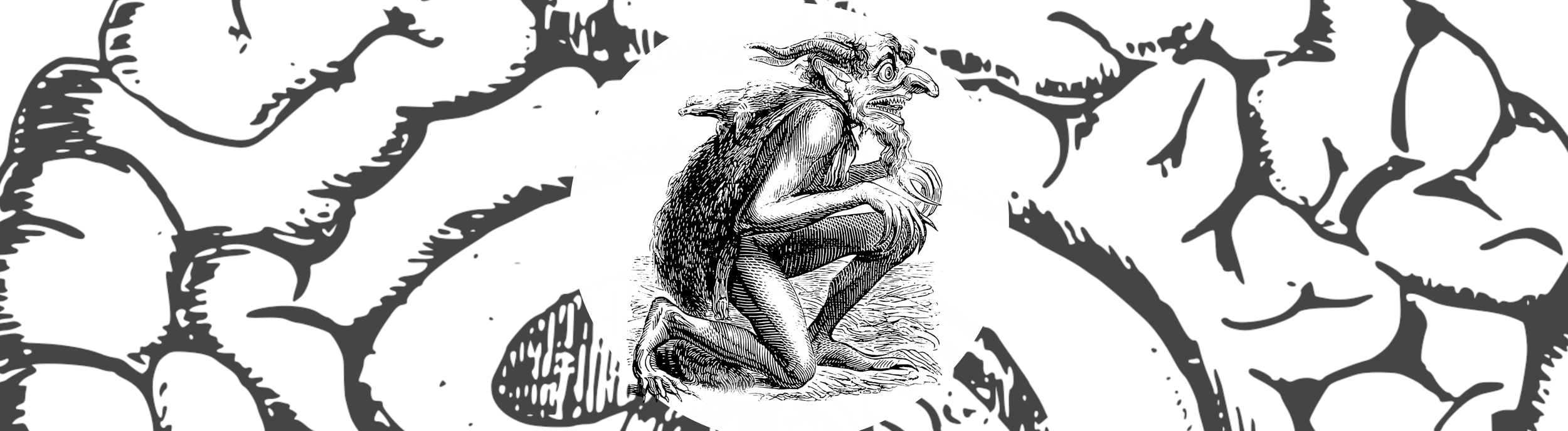 Black-and-white illustration of a crouching demon surrounded by enlarged, overlapping demon figures.