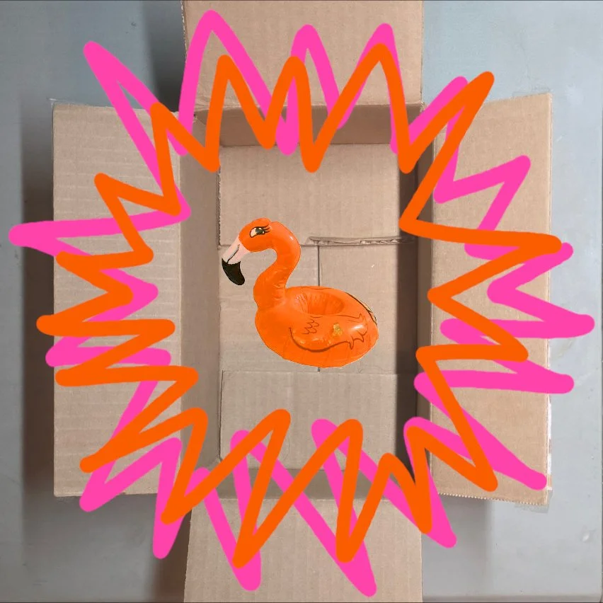 a cardboard shipping box open with an orange "summerween" floaty flamingo coozy inside. The image is emphasized by hot pink and orange zig-zag lines to display the true thrill of receiving such a package.