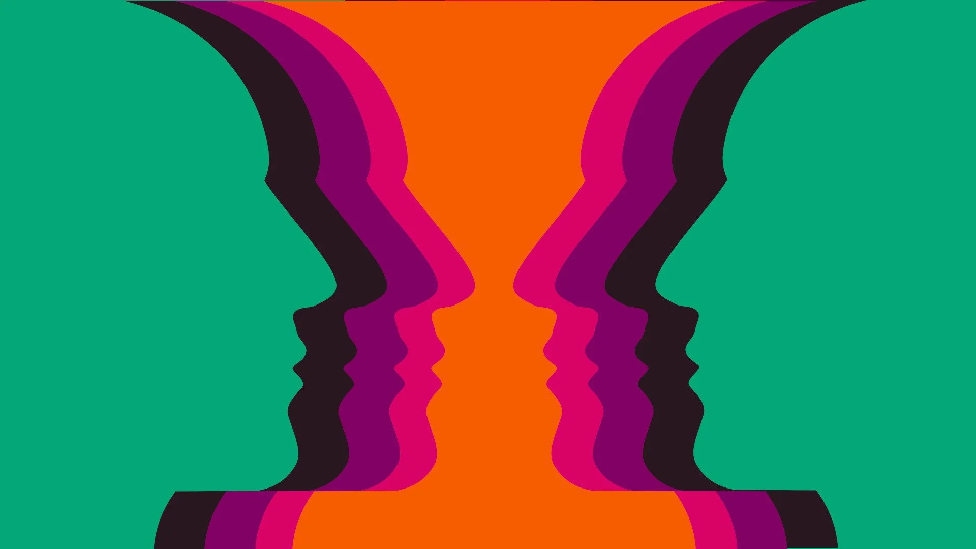 Mirrored human profiles in layered colors facing each other, creating a distorted visual effect suggesting dual perspectives and tension
