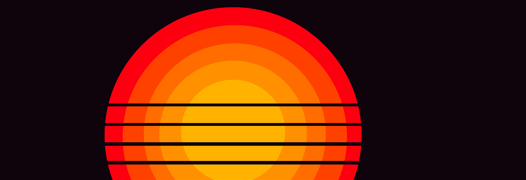 Abstract illustration of a sunrise in concentric bands of red, orange, and yellow, intersected by four horizontal black lines against a dark background.