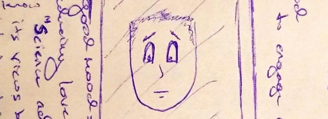 Hand-drawn sketch of a simple face inside a smartphone screen, surrounded by handwritten notes, representing self-reflection, memory, and attention.