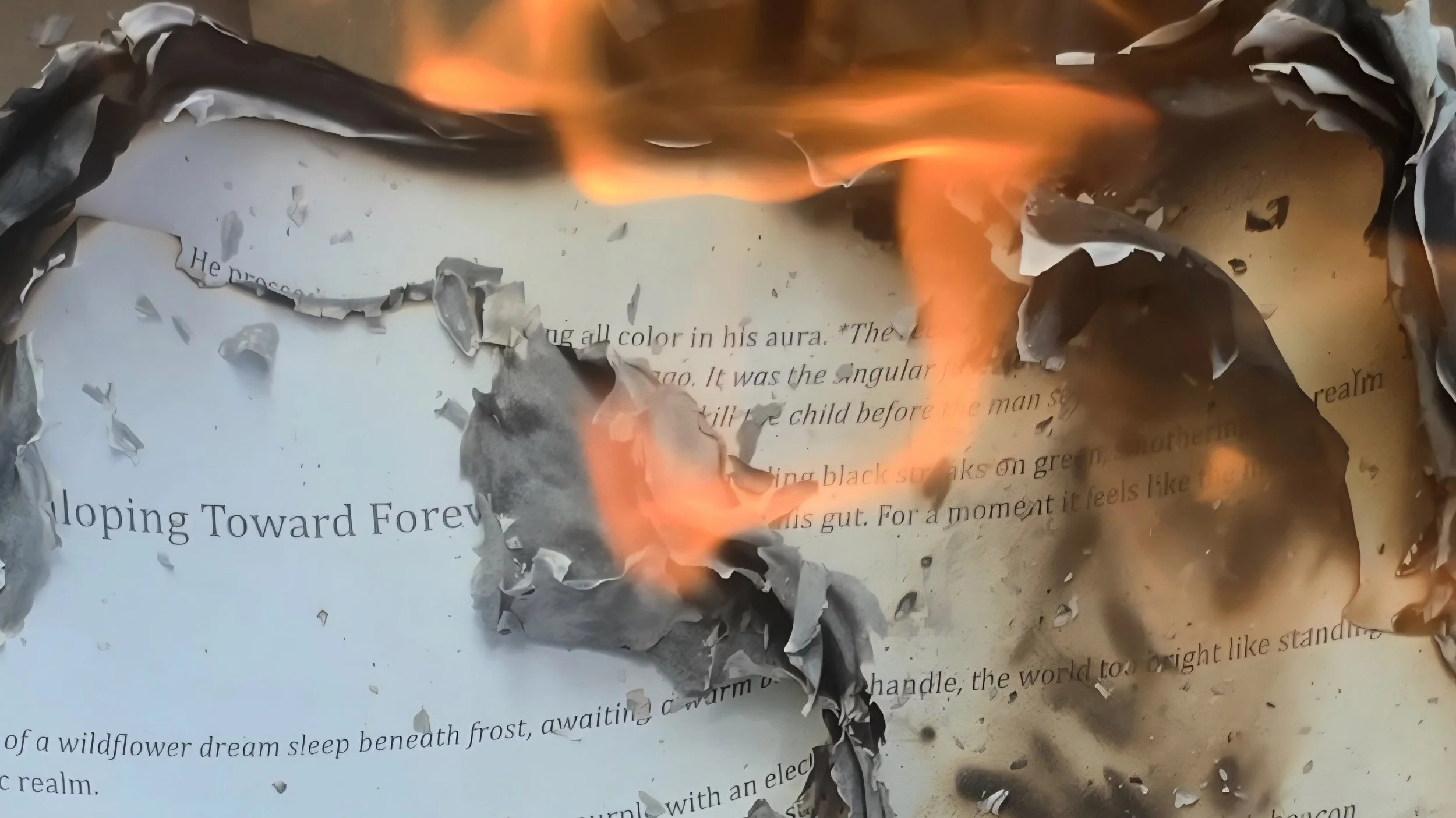 Close-up of a printed manuscript titled “Galloping Toward Forever” partially burned in a tray, with charred, curling paper and vivid orange flames overtaking the page, symbolizing destruction of creative work.