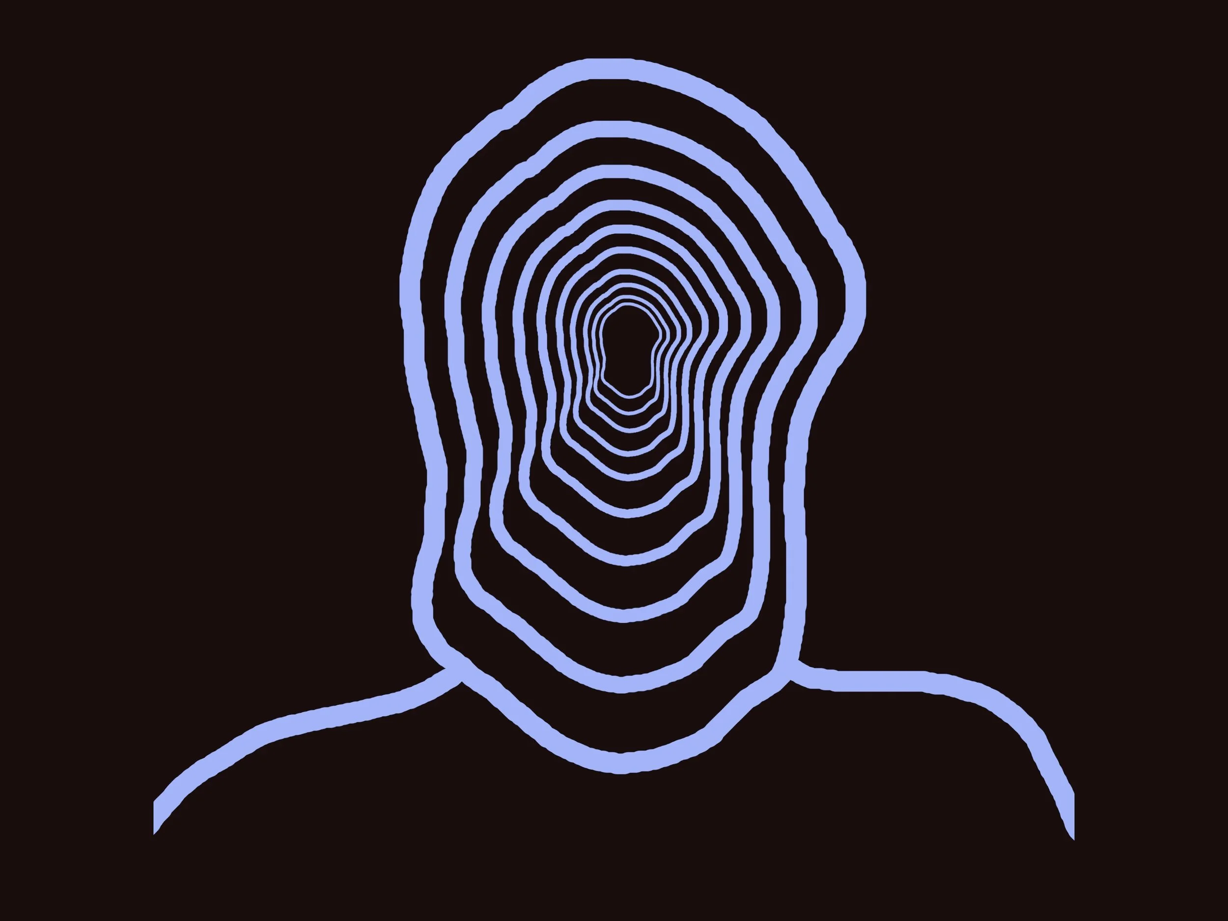 Minimalist illustration of a human silhouette with concentric, layered outlines forming an abstract head, representing internal thought or competing mental signals.