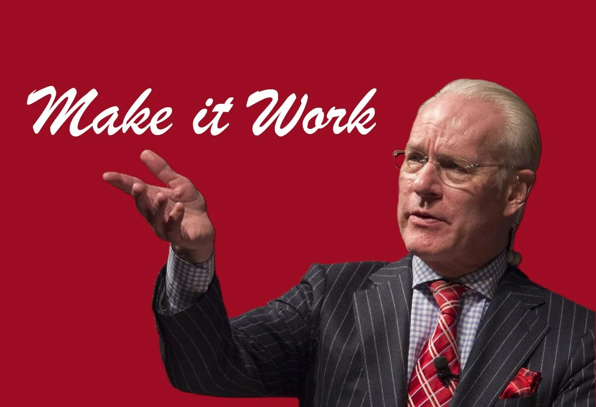 Television personality Tim Gunn in a suit gestures with one hand while speaking, set against a solid red background with bold script text reading “Make it Work.”
