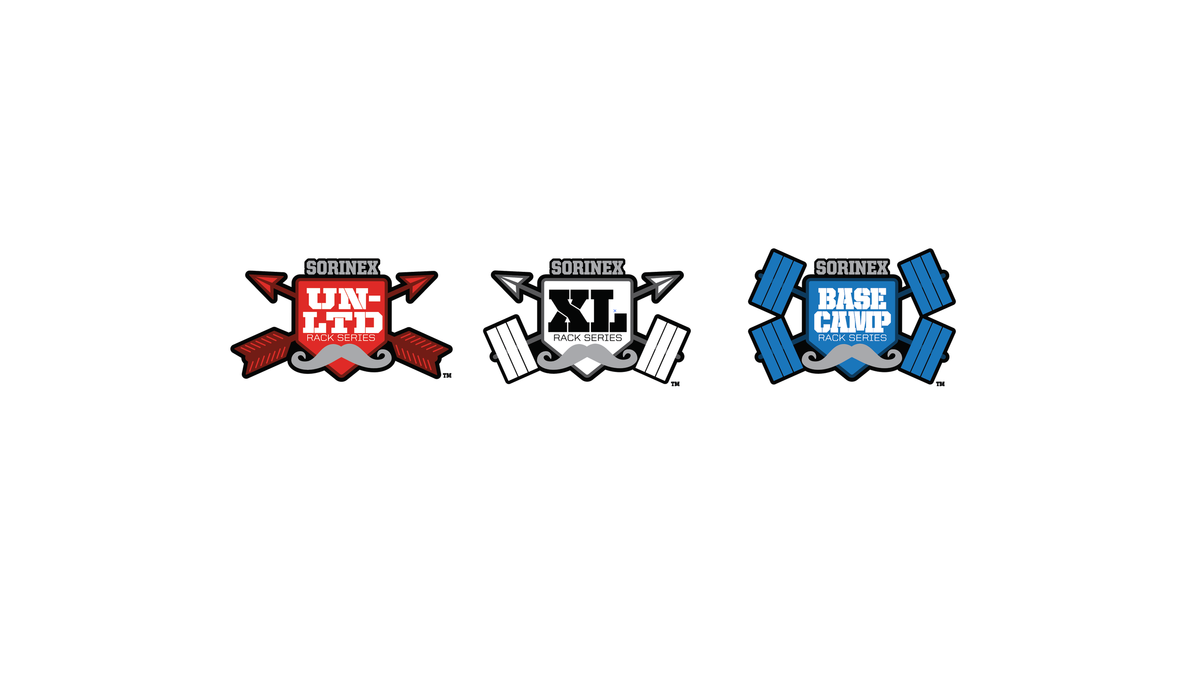 Logos of three different SORINEX rack series: Unlimited, XL, and BASE CAMP series, each with distinct color schemes and design elements.