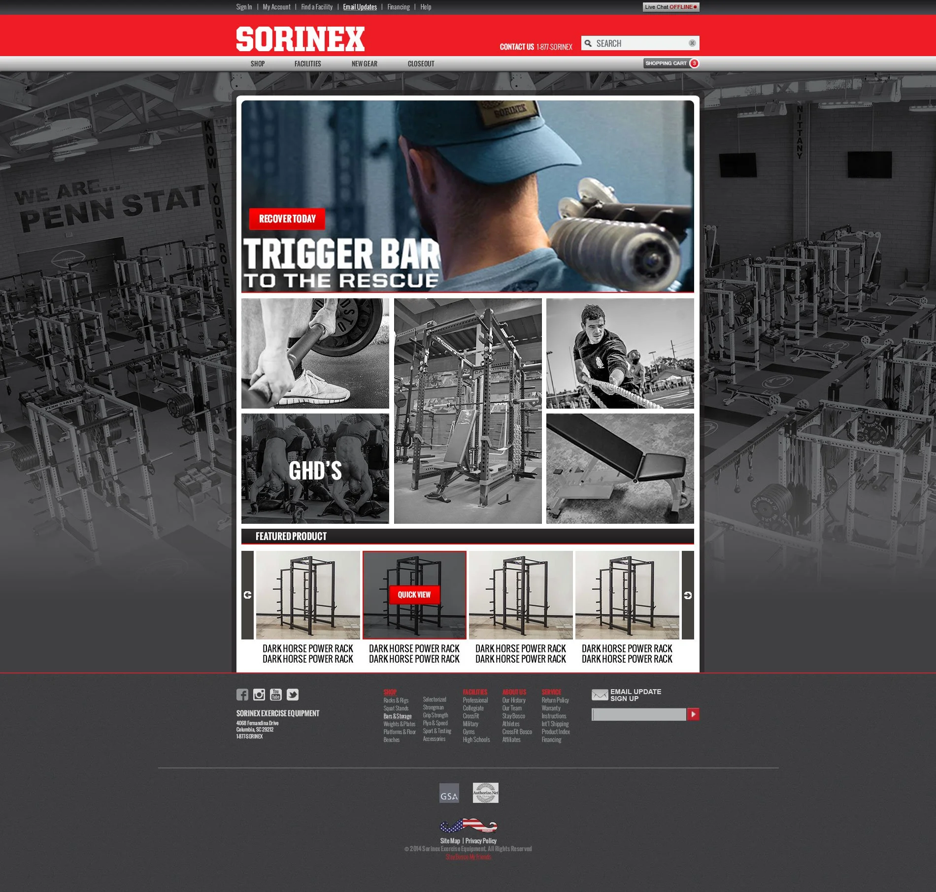 Screenshot of the Sorinex website displaying gym equipment, with a focus on a power rack, and a promotional banner about trigger bars for rescue training.