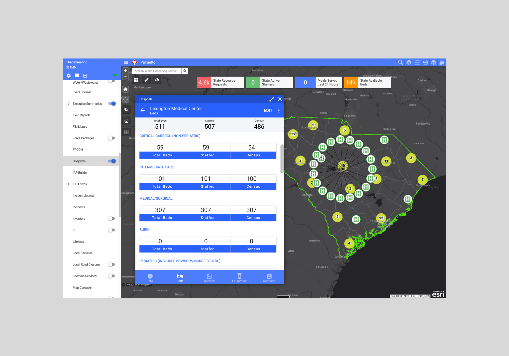 Screenshot of the Palmetto EOC ecosystem featuring a background map of South Carolina and a floating window showing the Hospitals app that shows details of a specific hospital within the state
