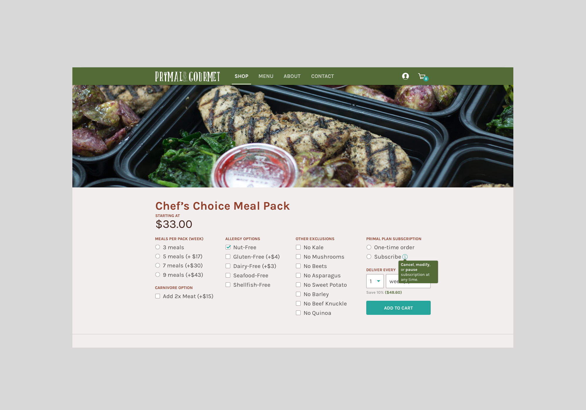 Online menu page for Primal Gourmet showing a Chef's Choice Meal Pack with options for meals, allergies, exclusions, and subscription choices, featuring an image of plated grilled meat with sides.