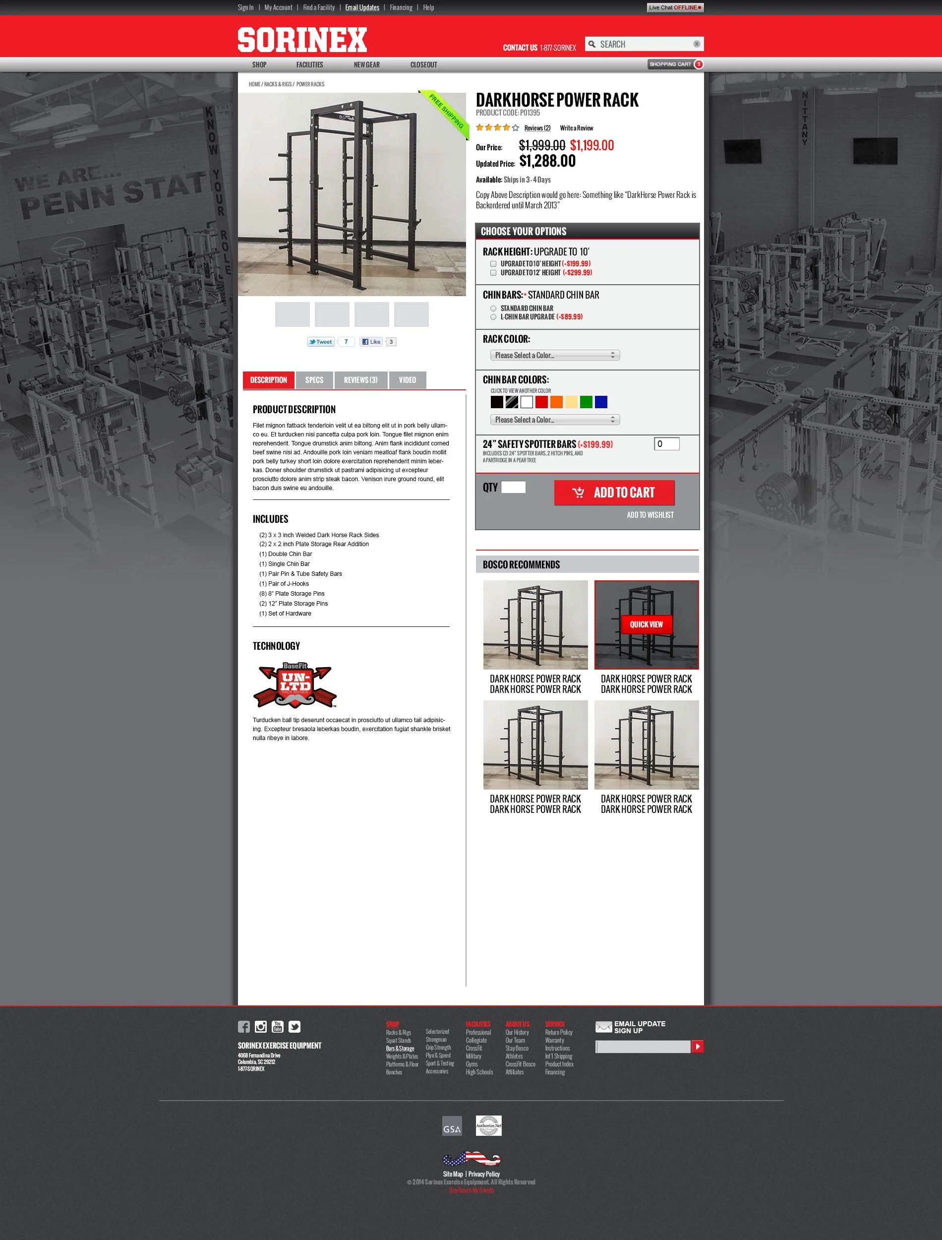 Product page for a Darkhorse Power Rack on the Sorinex website, showing the rack, with options for height, chin bars, and colors. The price is $1,199.00, with an option to add safety spotter bars, and recommended related products displayed.