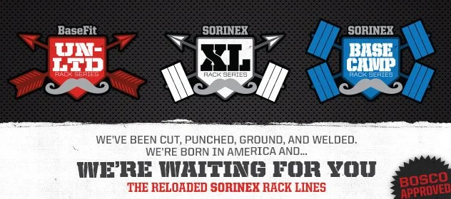 Logos of three Sorinex rack series: Under-Land, X-Land, and Base Camp, with promotional text about rack lines and Bosco approval.