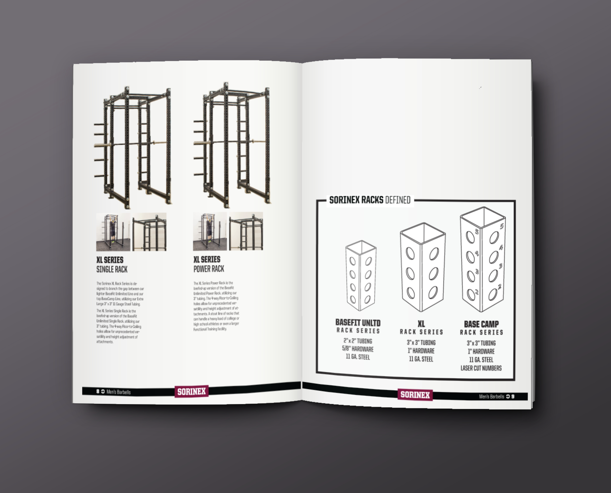 Open Sorinex catalog spread showcasing gym squat racks, including single racks, power racks, and different series with detailed specifications. Also shows illustration of Sorinex's different hole patterns on their squat racks available