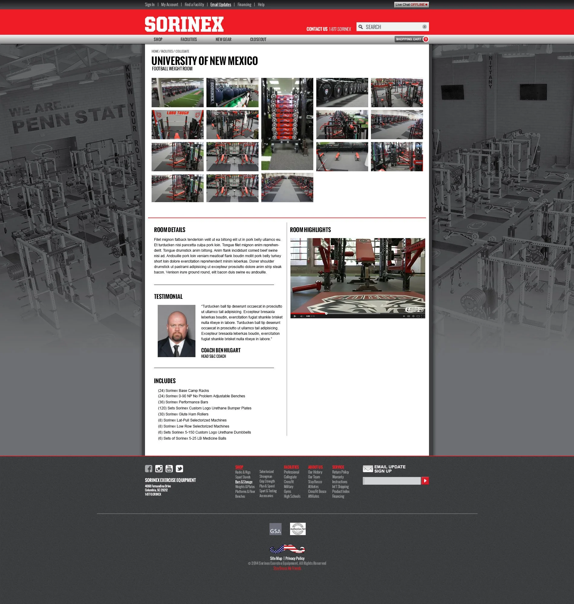 A webpage for Sorinex, an exercise equipment company, featuring a section about a university of New Mexico football weight room and its equipment, including images of gym equipment and details about the products.