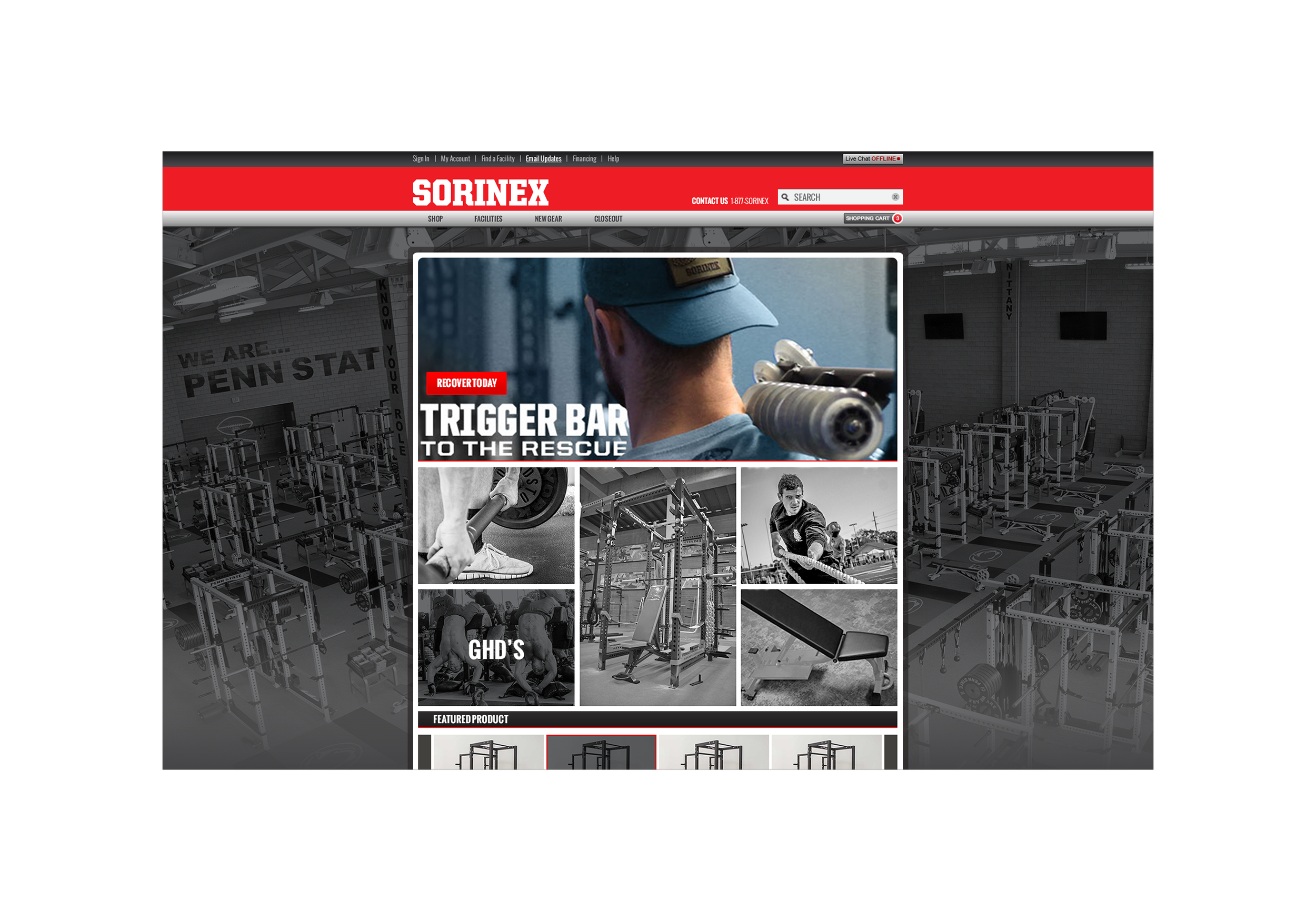 Screenshot showing homepage of Sorinex Exercise Equipment main homepage and individual product pages, featuring images of weightlifting equipment