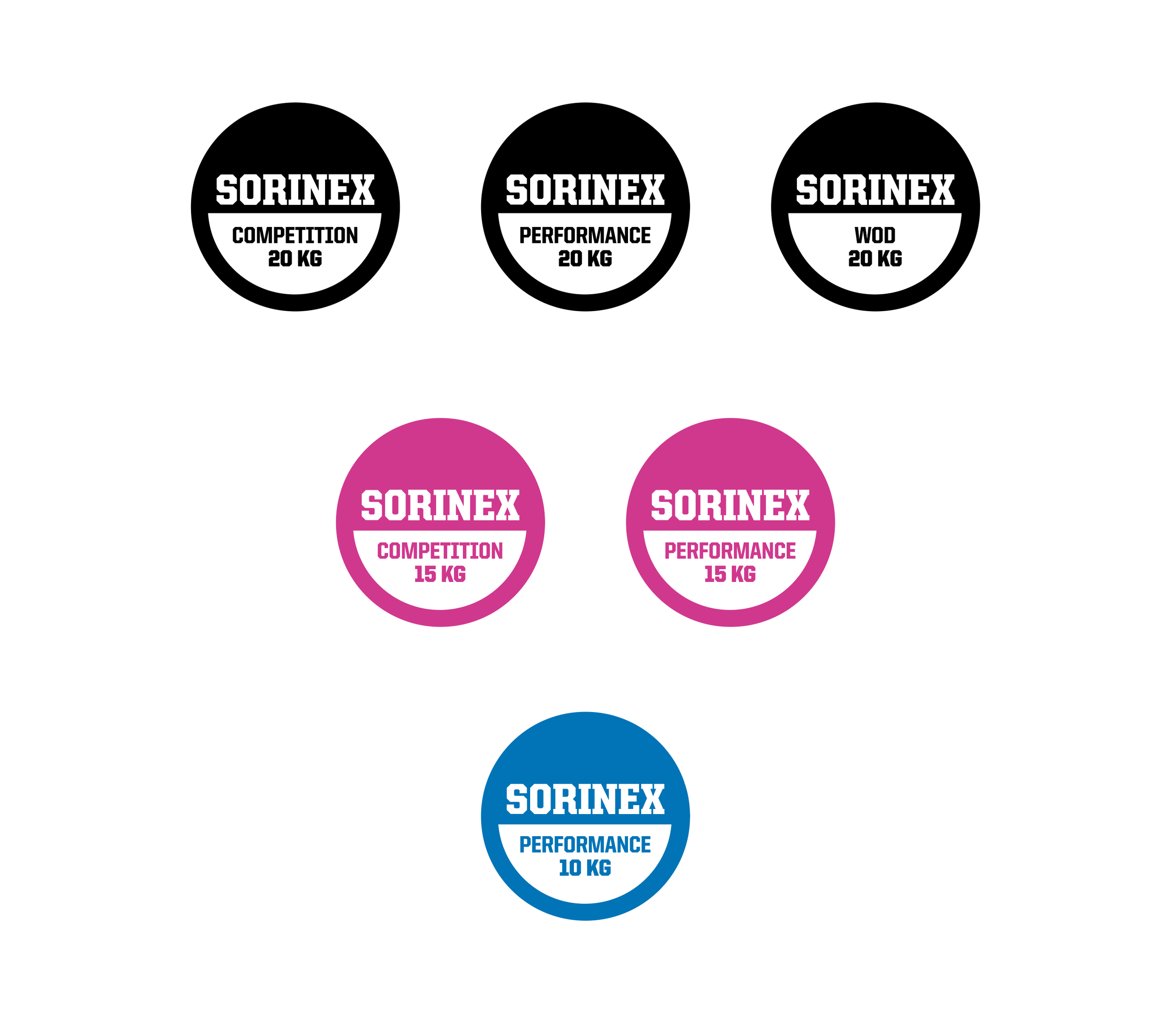 Image of six circular labels for Sorinex barbells in three colors: black, pink, and blue. The labels specify different competition, performance, and WOD weights, ranging from 10 kg to 20 kg.