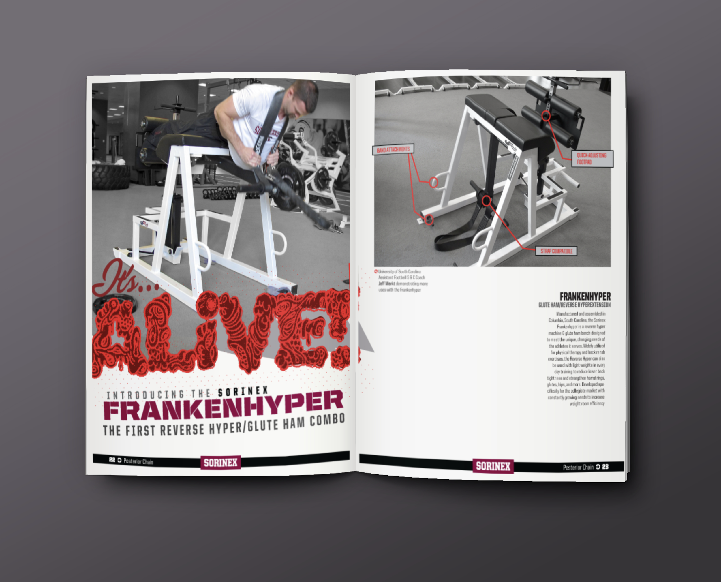 Open Sorinex catalog spread showing a man performing an exercise on a gym equipment called FrankenHyper, with labels pointing to its features and a description of the equipment.