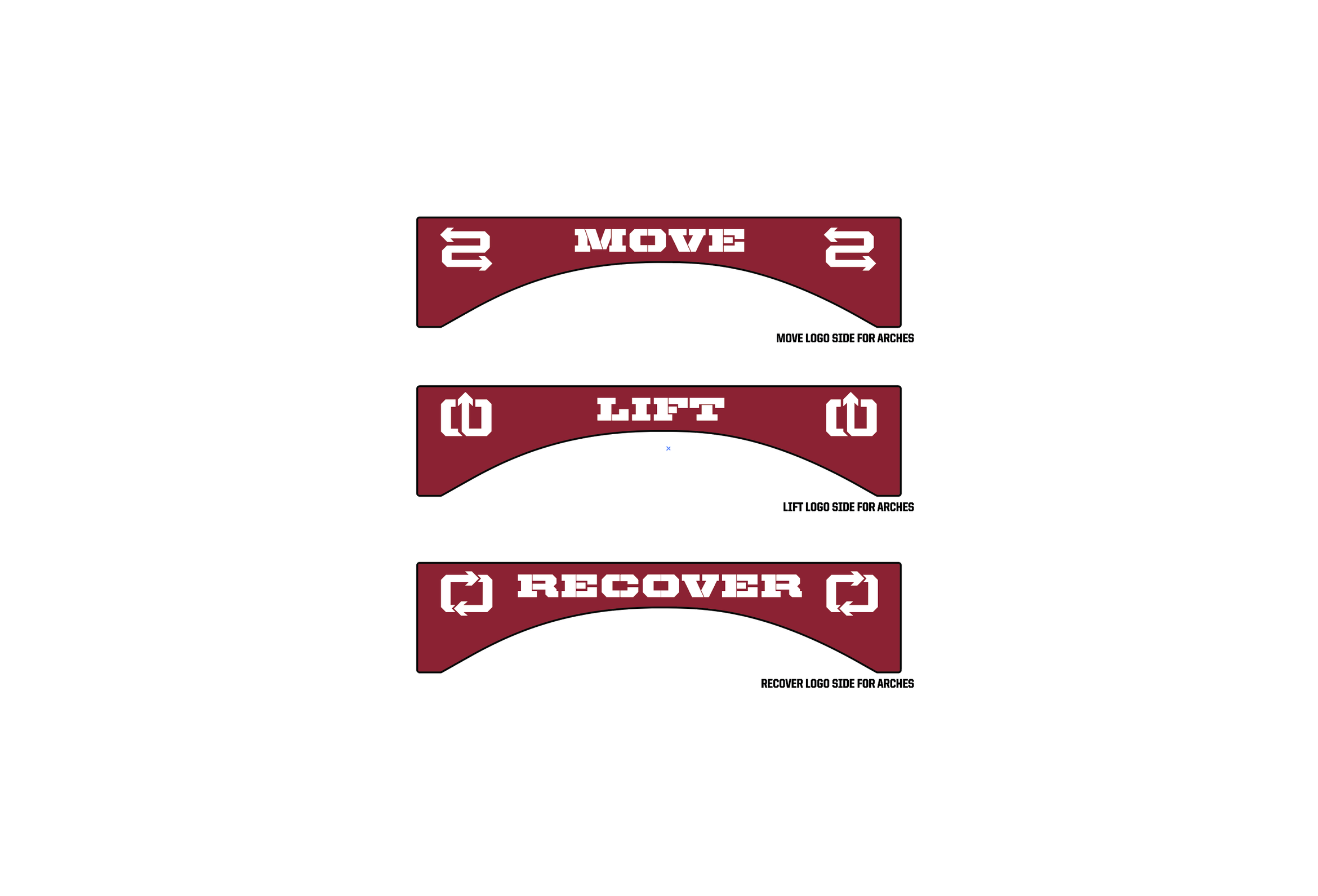 Three maroon arched logos with white text and directional symbols, labeled for Sorinex product grouping: 'MOVE', 'LIFT', and 'RECOVER'