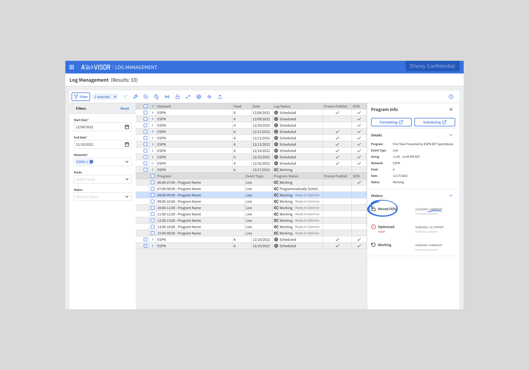 Screenshot of the Advisor Log Management main screen featuring a left filter column, a center container showing all days and programs within those filtered days, and a right info panel showing the updated Out of Sale Scheduling details