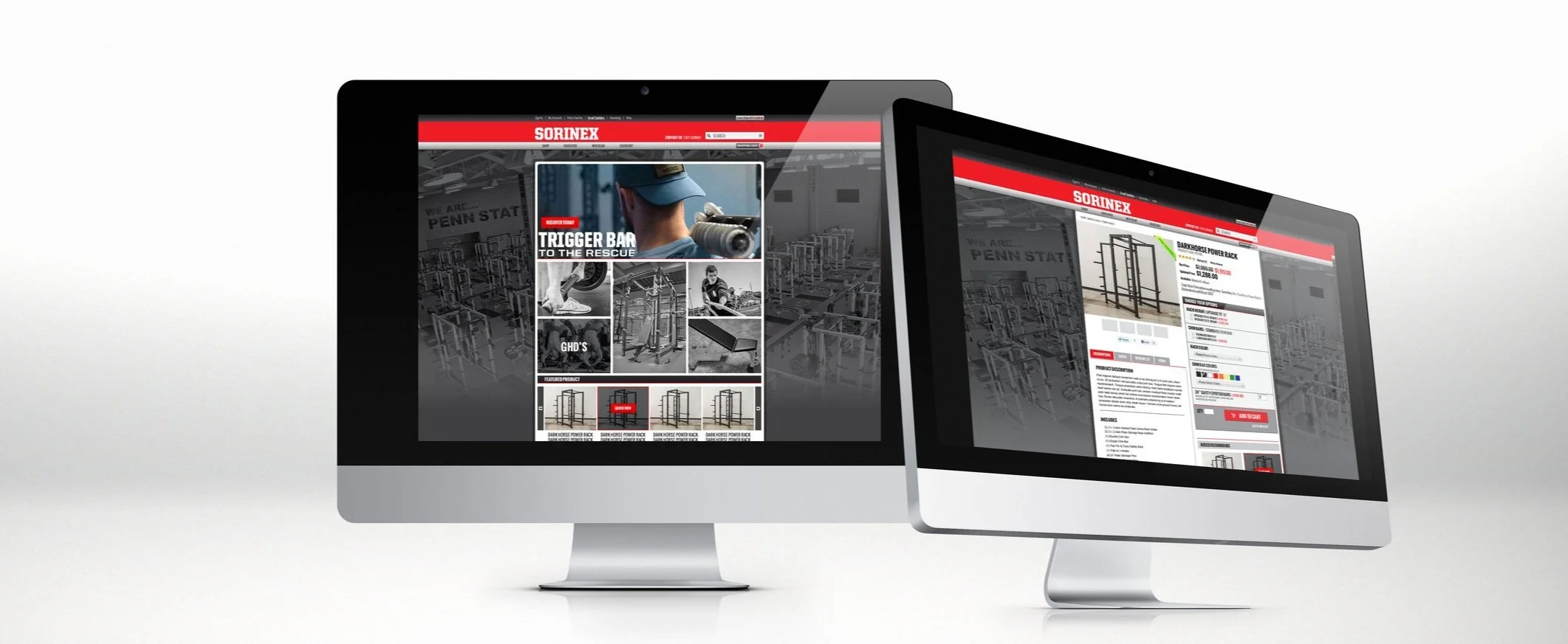 Two computer monitors displaying an online store for gym equipment with images of workout gear, equipment, and price information.