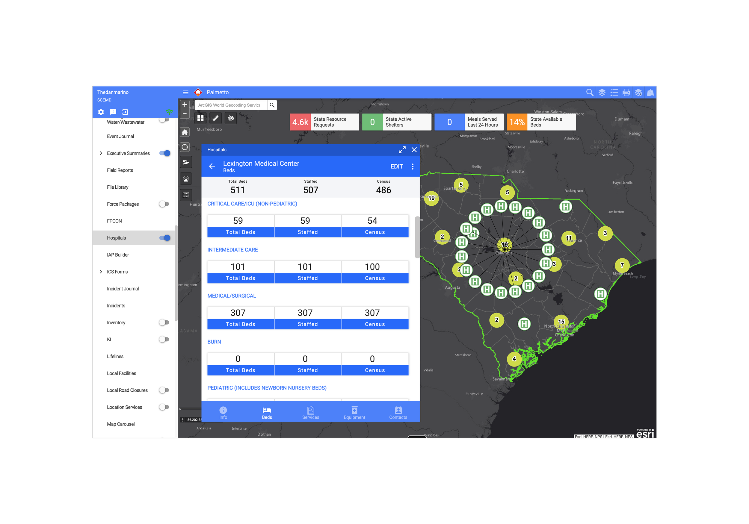 Screenshot of the Palmetto EOC ecosystem featuring a background map of South Carolina and a floating window showing the Hospitals app that shows details of a specific hospital within the state