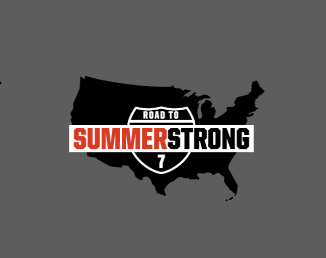 Logo depicting map of the United States with a shield emblem that reads 'Road to Summer Strong 7' across it.