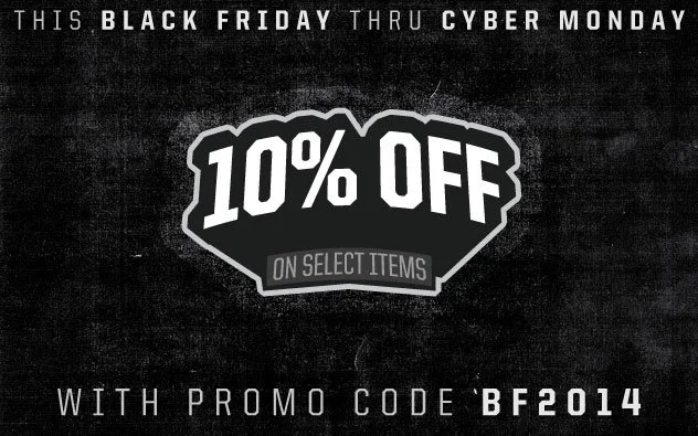 Black background with white and gray text promoting a 10% off sale on select items for Black Friday through Cyber Monday, using promo code BF2014.