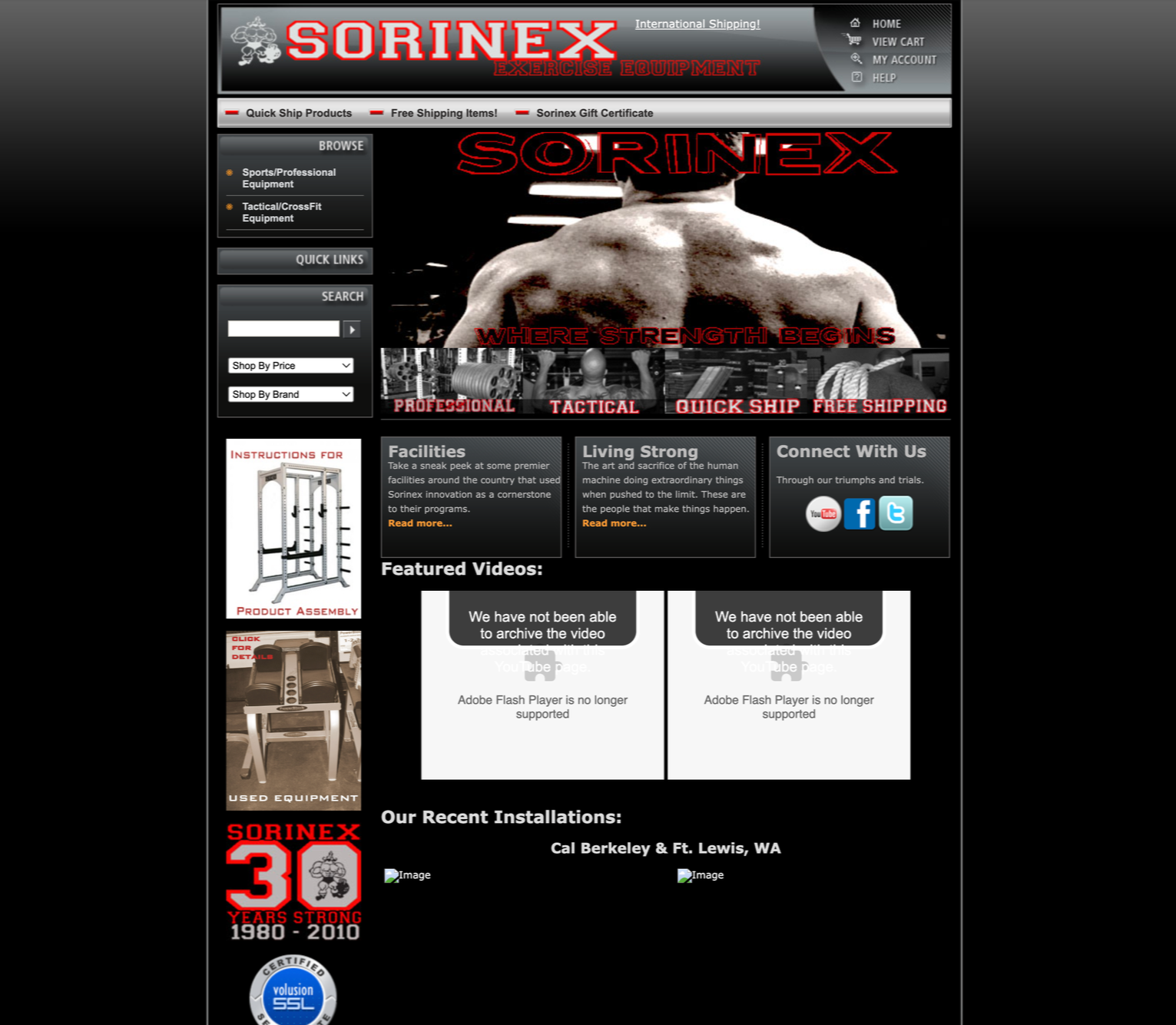 Screenshot of Sorinex Exercise Equipment website homepage with a muscular man's back, black and red theme, navigation links, and promotional banners.