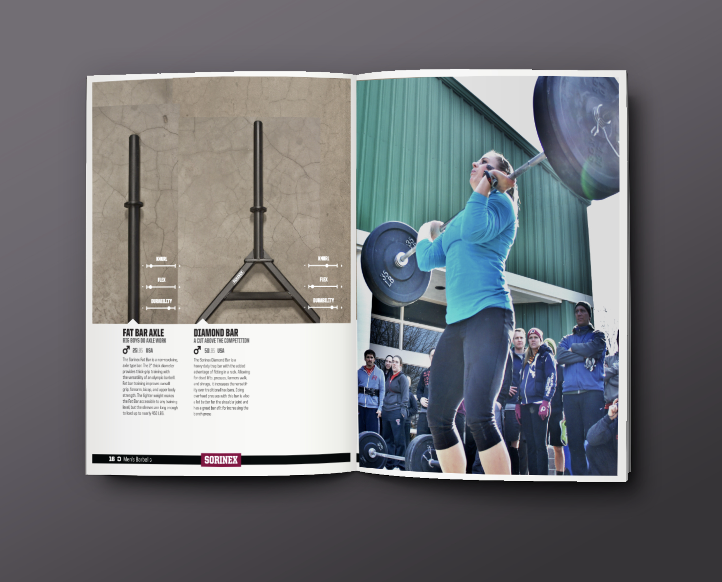 Open Sorinex catalog spread showing two types of barbells on left side and a photo of woman lifting a barbell outdoors with spectators watching on the right side