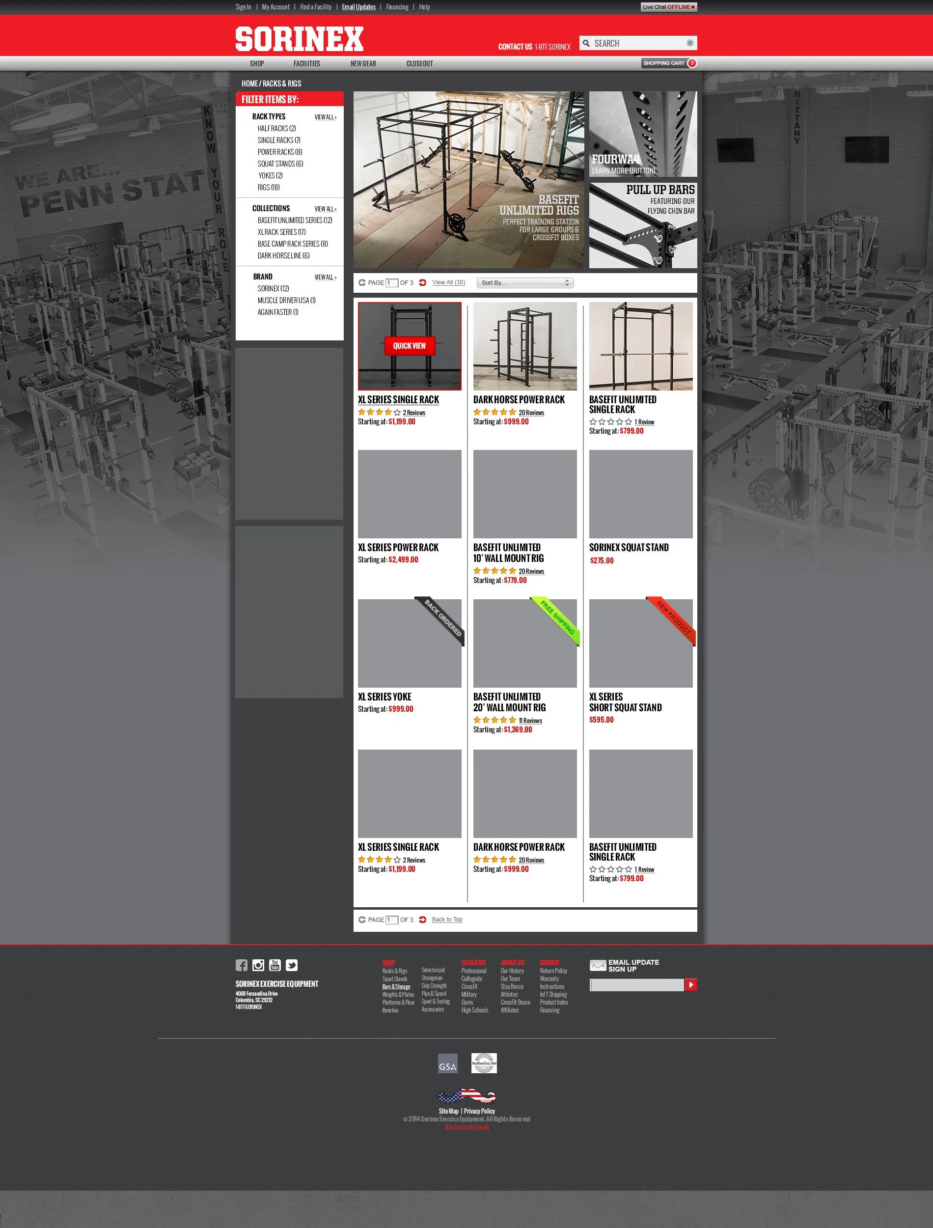 Online store webpage for Sorinex athletic equipment displaying racks, squat stands, and mounting rigs with prices and reviews.