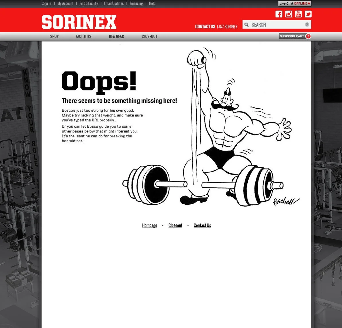 Screenshot of custom 404 Error page for Sorinex depicting black-and-white cartoon of Bosco masco pulling a section of barbell with weights off, with exaggerated muscular arms and a confident expression while saying "Oops!"