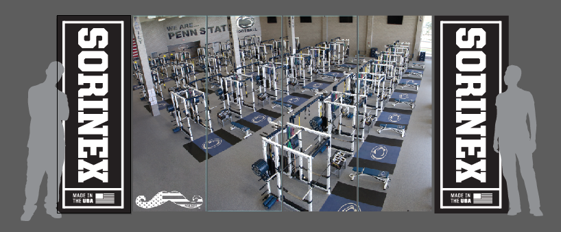 Tradeshow booth elevation design. Center shows an empty Penn State workout gym photo  and SORINEX branding signs on both sides with black letters on white background