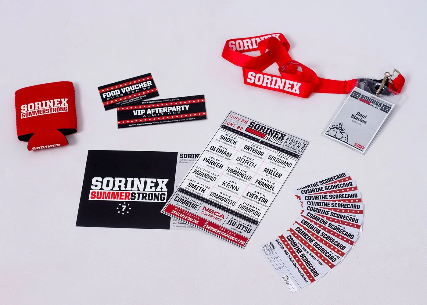 Collection of items for Sorinex Summer Strong event, including a red wristband, VIP afterparty tickets, a staff badge, a schedule sheet, a scorecard, and red lanyard.