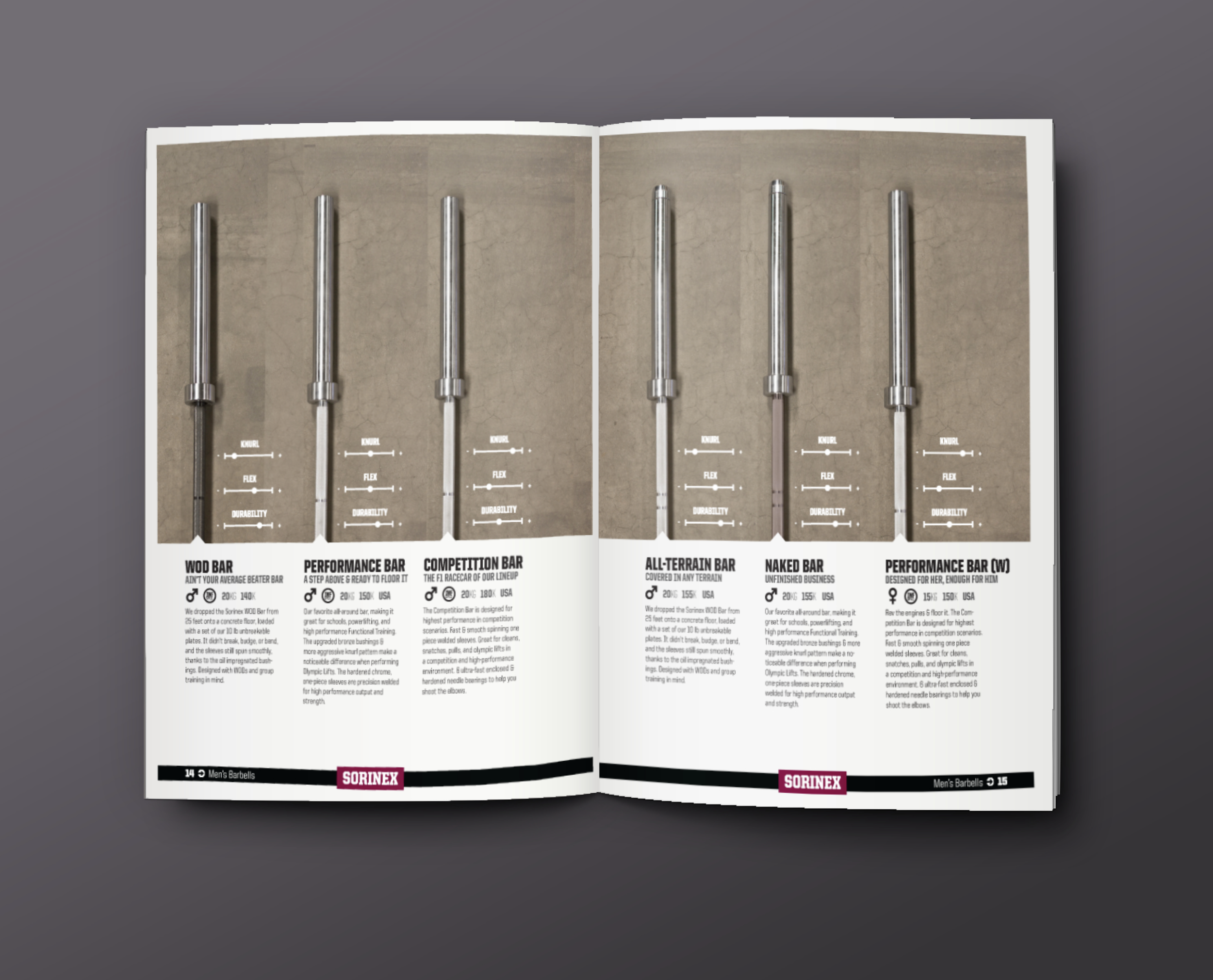 Open Sorinex catalog spread, showcasing six types of Olympic weightlifting bars with detailed descriptions and specifications on a gray background.
