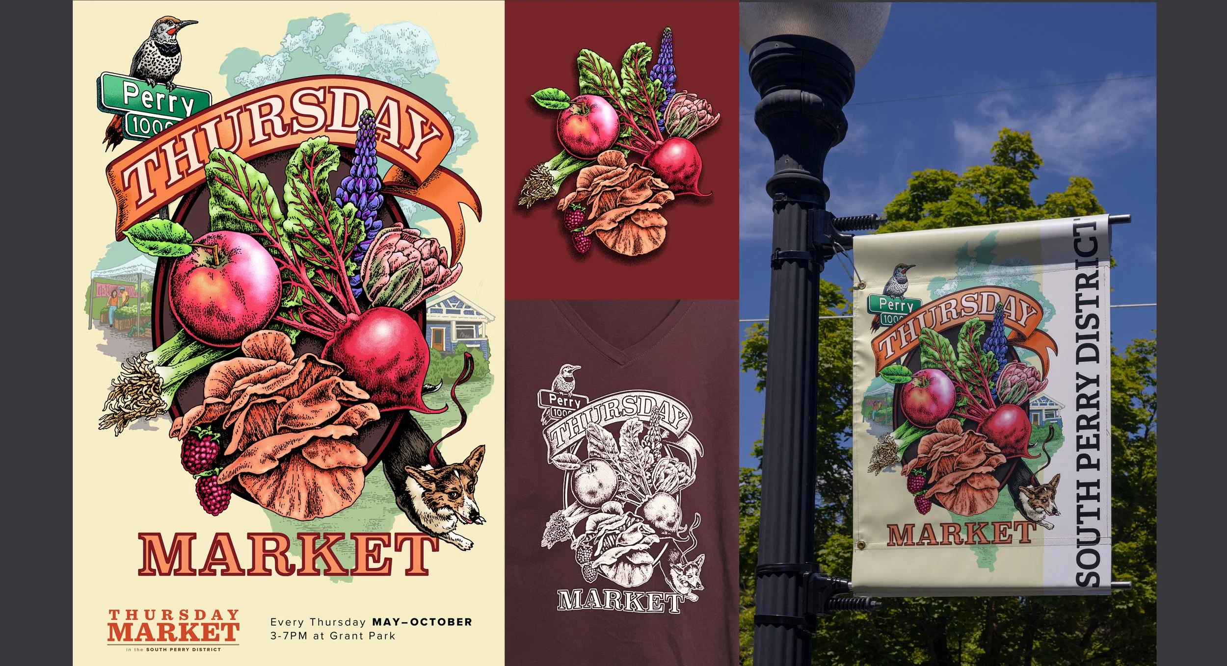 Perry District Thursday Market - 
Illustrated and designed 2025 season poster,
 shirts, cards, and 2026 street banners.