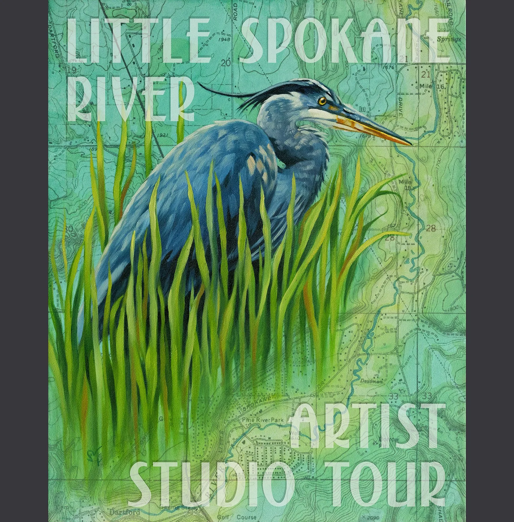 Little Spokane River Artist Studio Tour 2021 poster - Painted illustration on hand-colored map of the river, added text design and oversaw printing process.