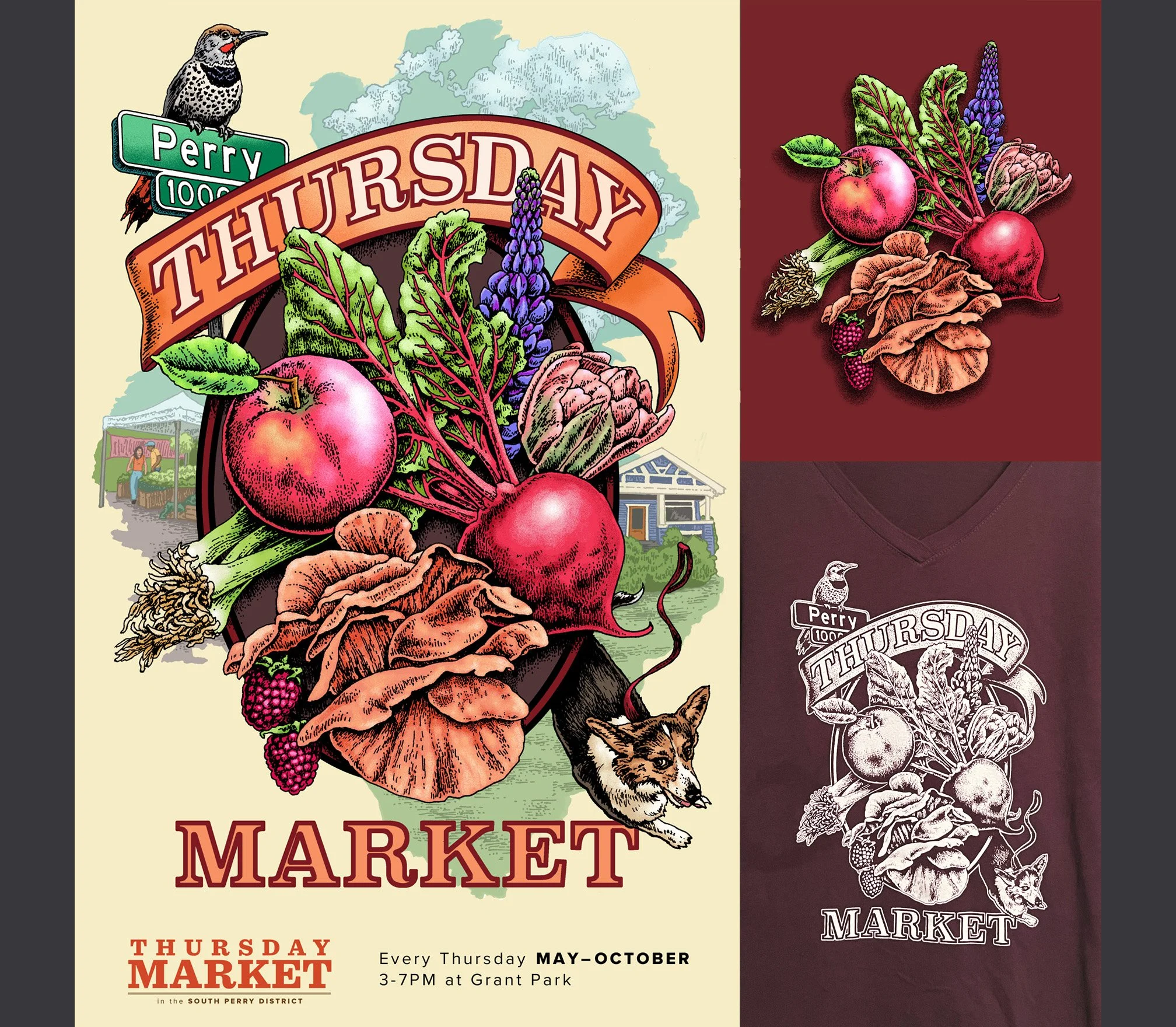 Perry District Thursday Market -
Illustrated and designed 2025 season poster,
shirts, cards, and street banners.