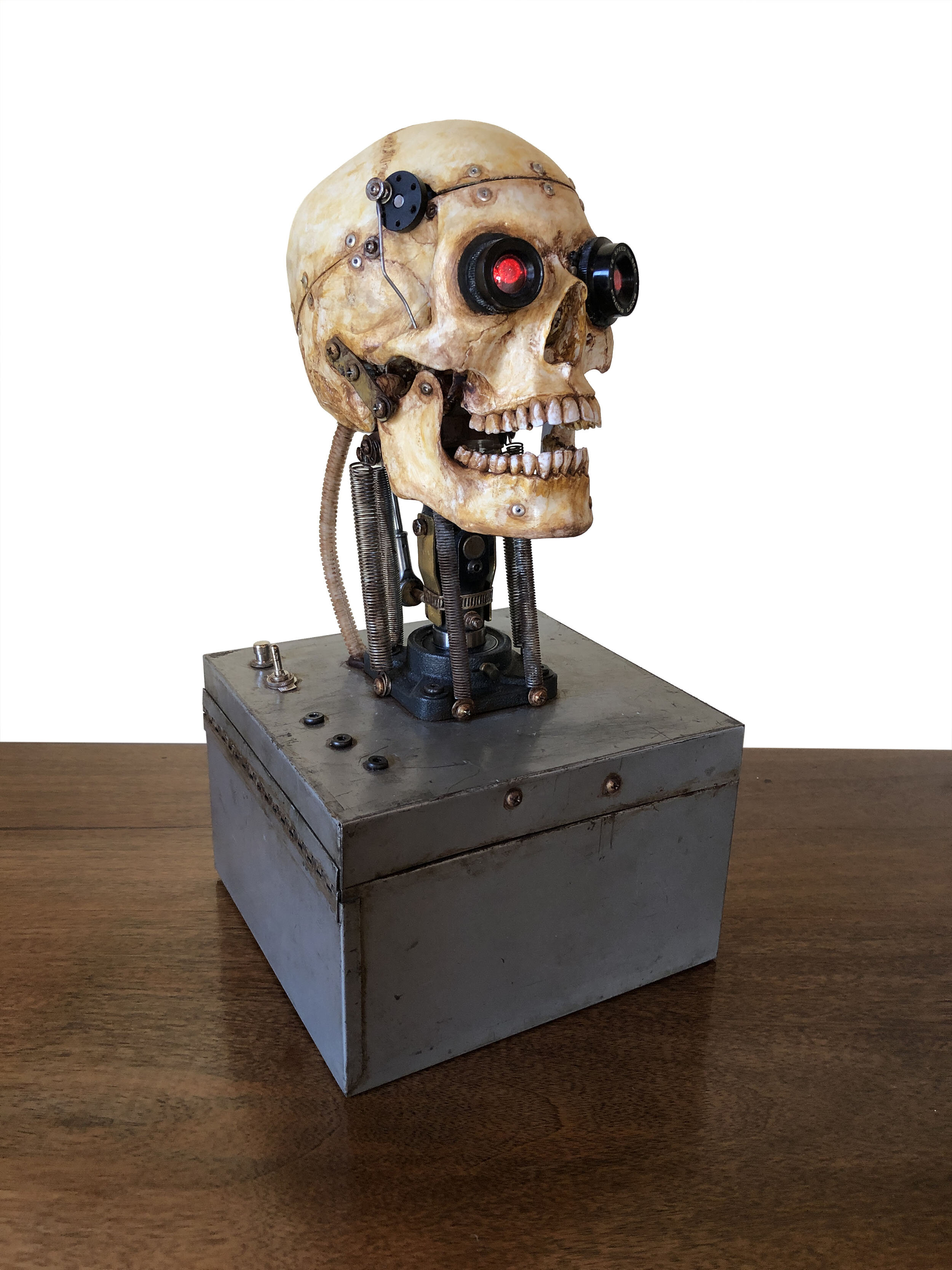 "Animatronic Human Skull with Laser-like Eyes"