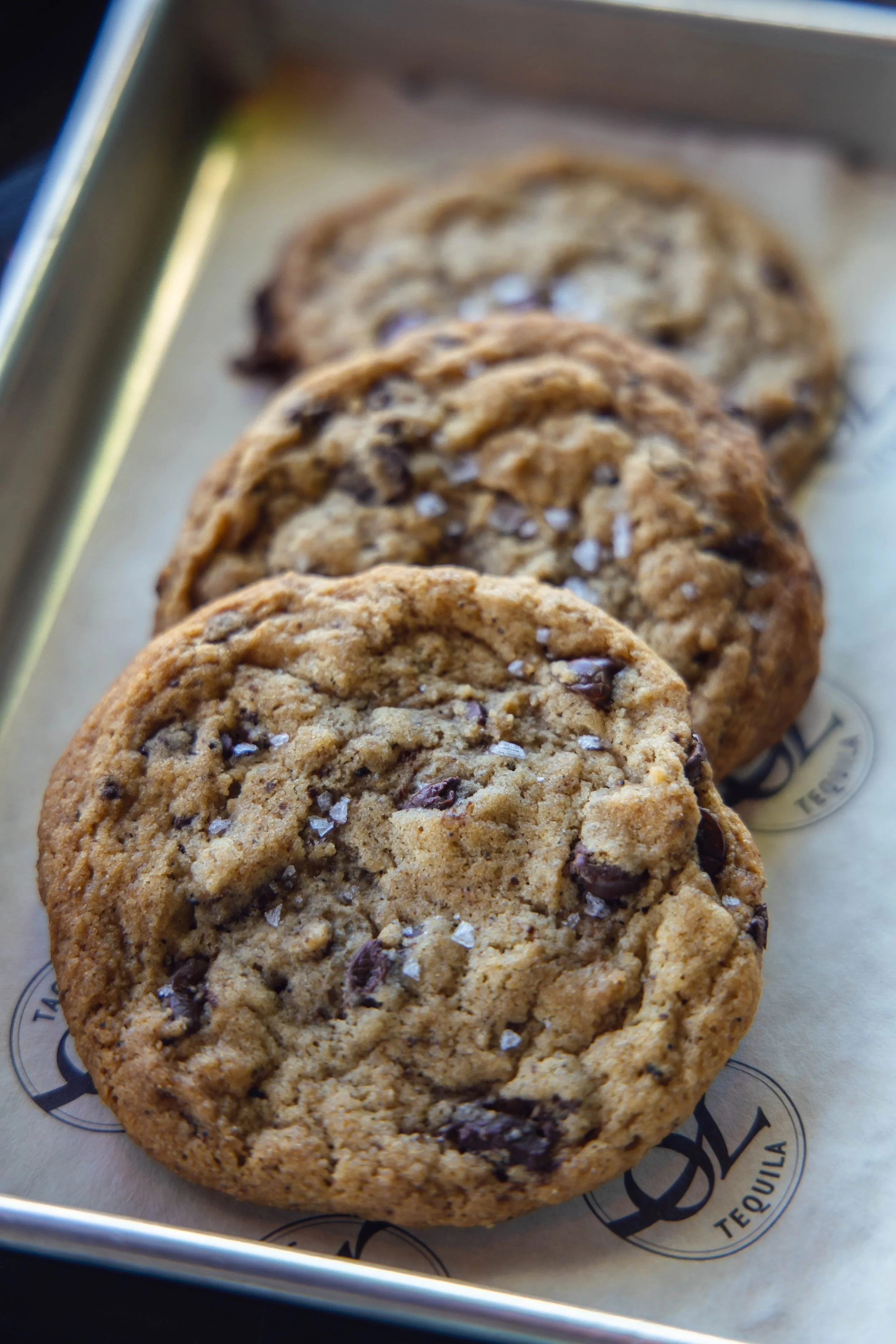 brown butter chocolate chip cookies with sea salt flakes.