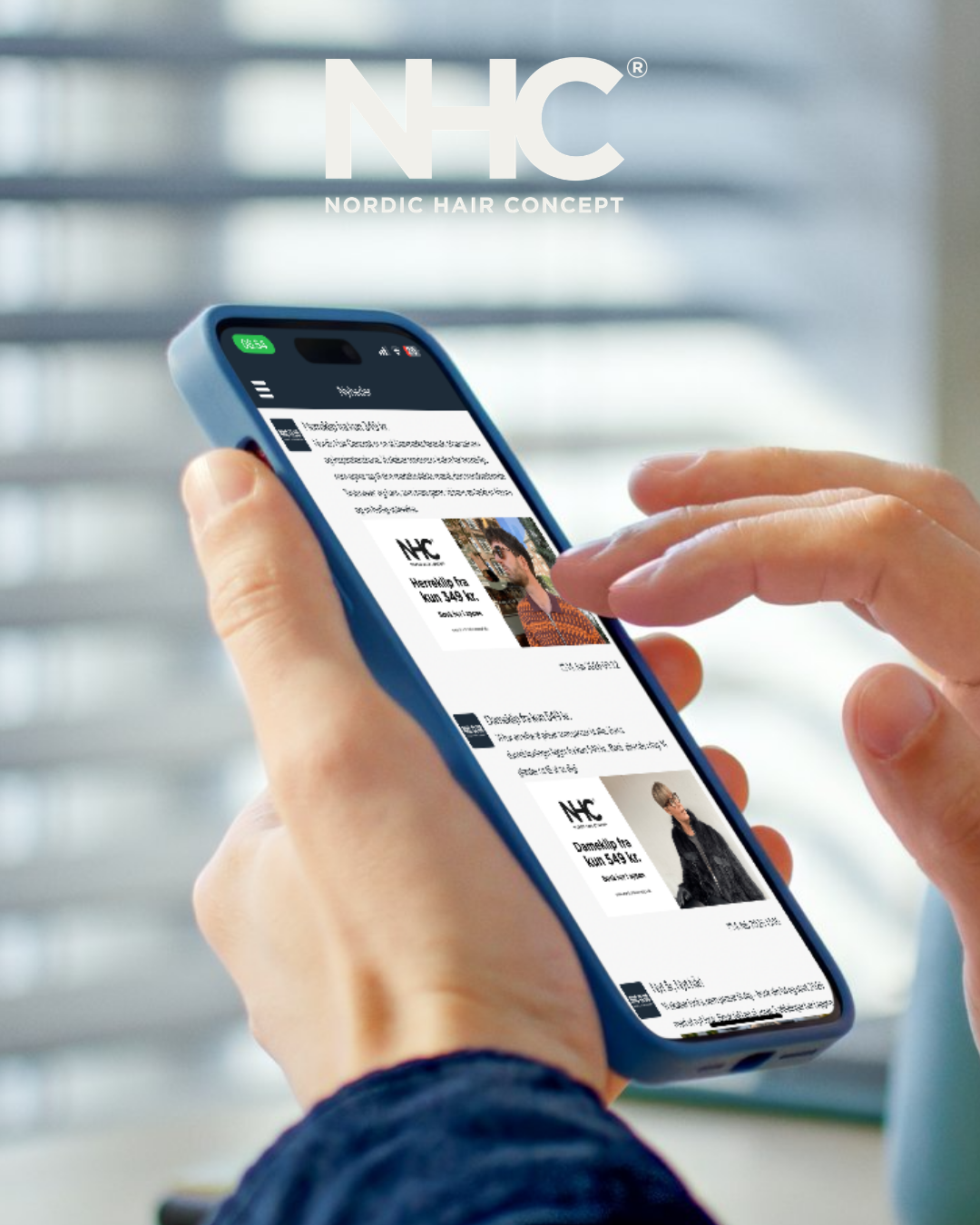 Person, der bruger en smartphone, der viser en shopping-app med tøjarrangementer og tilbud, med logoet 'NHC' for Nordic Hair Concept i baggrunden.