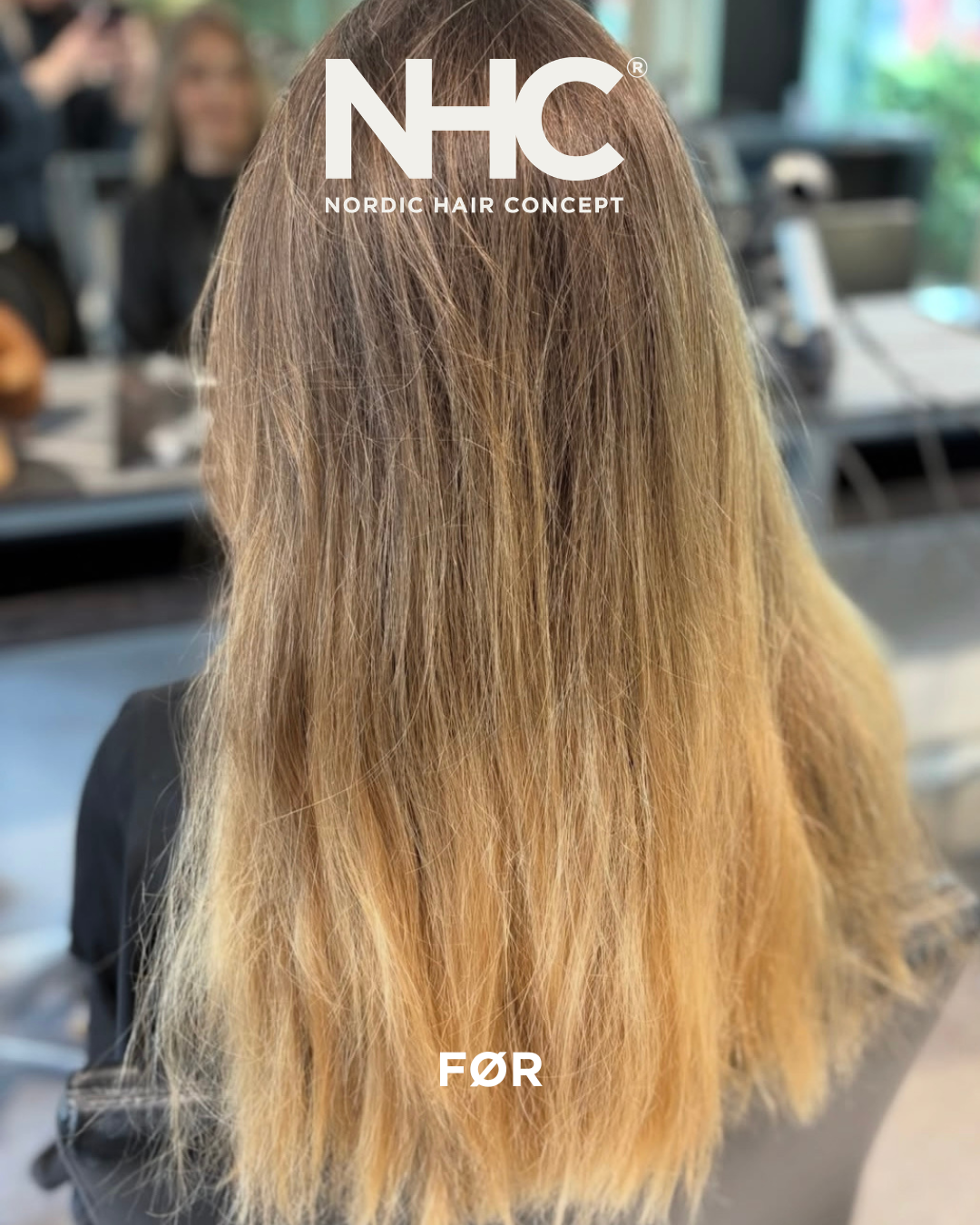 Billedet viser en person med langt, lyst, blondt hår, som er slidt og tørt. Bakgrunden er en frisørsalon, hvor man kan se andre personer og frisørudstyr.